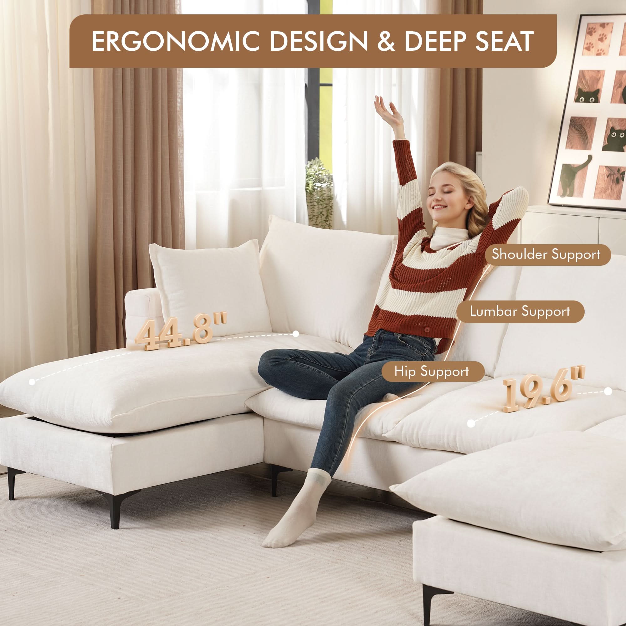 OVIOS 113.7" Modular Sectional Sofa Couch, U-Shaped Cloud Couches with Ottoman Chaise and Thick Cushions