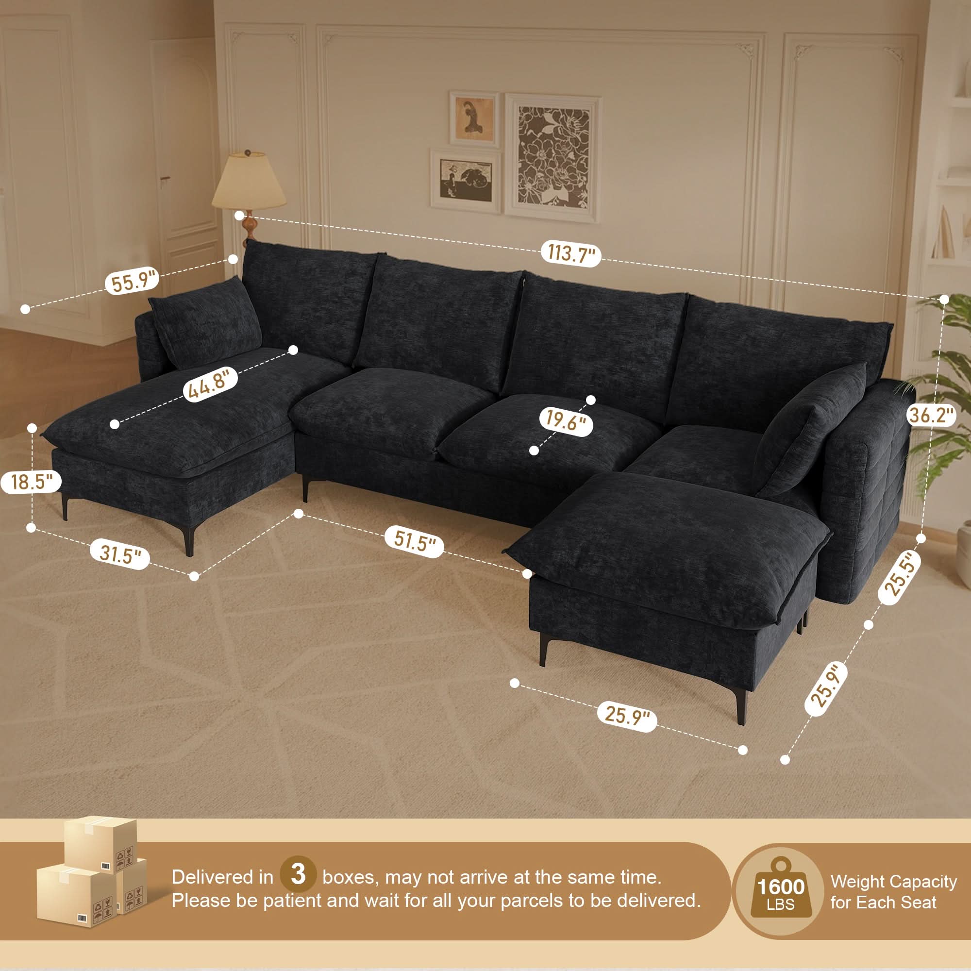 OVIOS 113.7" Modular Sectional Sofa Couch, U-Shaped Cloud Couches with Ottoman Chaise and Thick Cushions