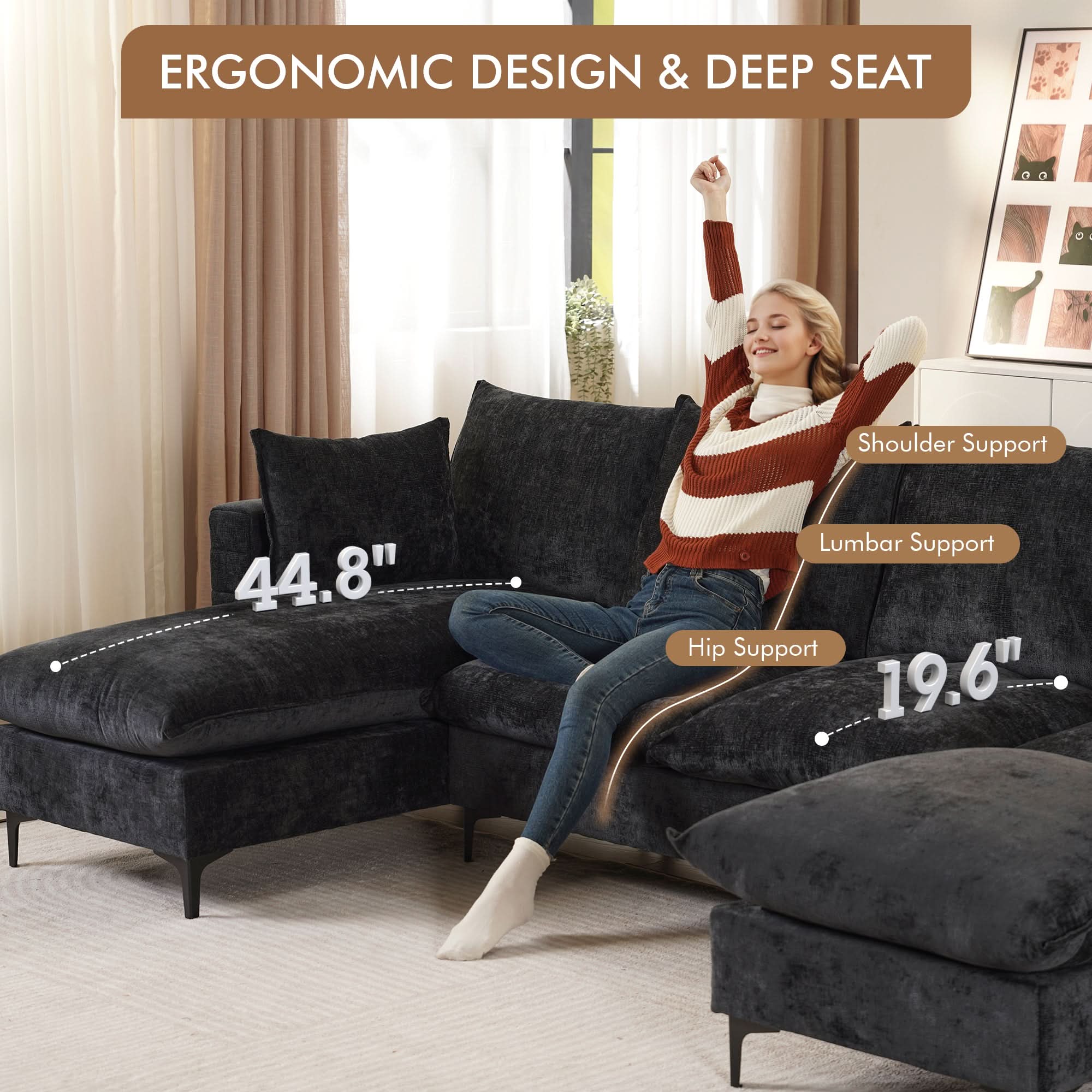 OVIOS 113.7" Modular Sectional Sofa Couch, U-Shaped Cloud Couches with Ottoman Chaise and Thick Cushions