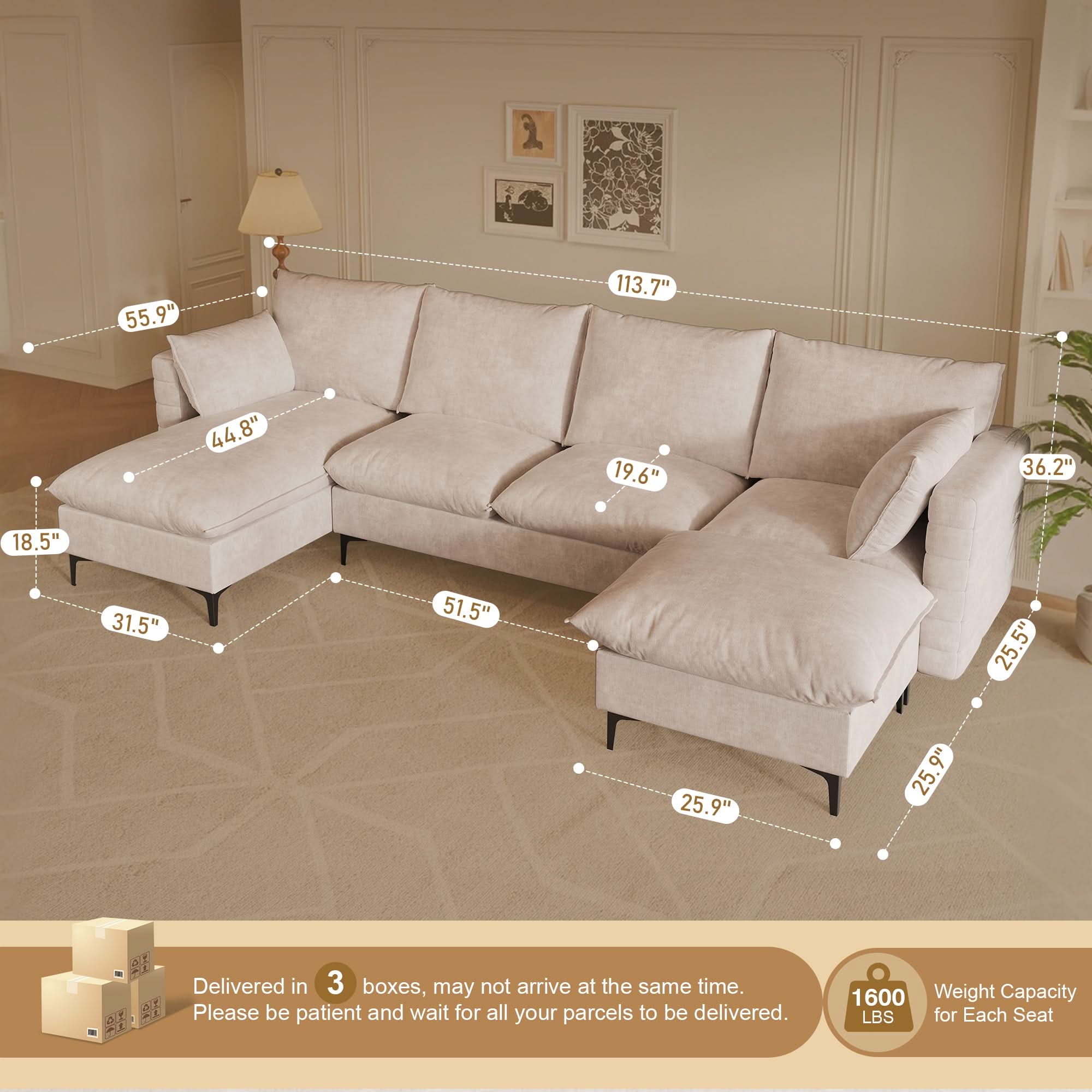 OVIOS 113.7" Modular Sectional Sofa Couch, U-Shaped Cloud Couches with Ottoman Chaise and Thick Cushions
