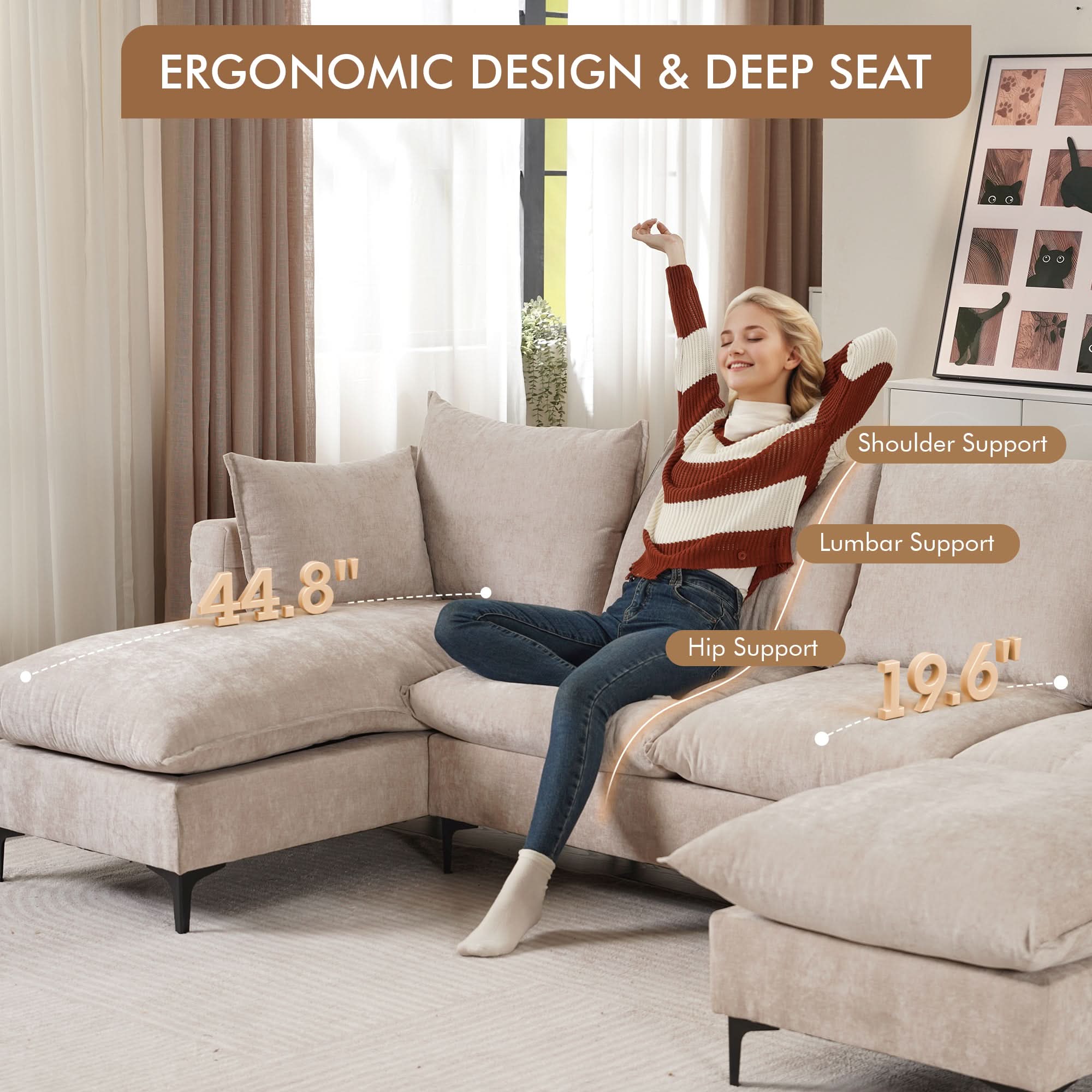 OVIOS 113.7" Modular Sectional Sofa Couch, U-Shaped Cloud Couches with Ottoman Chaise and Thick Cushions