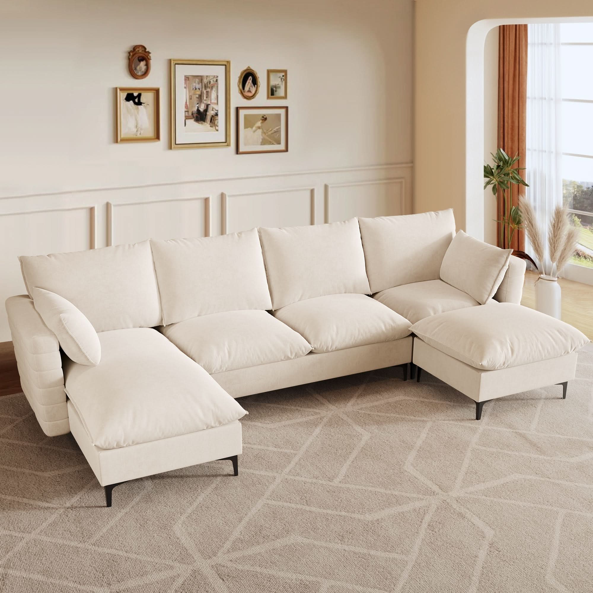 OVIOS 113.7" Modular Sectional Sofa Couch, U-Shaped Cloud Couches with Ottoman Chaise and Thick Cushions
