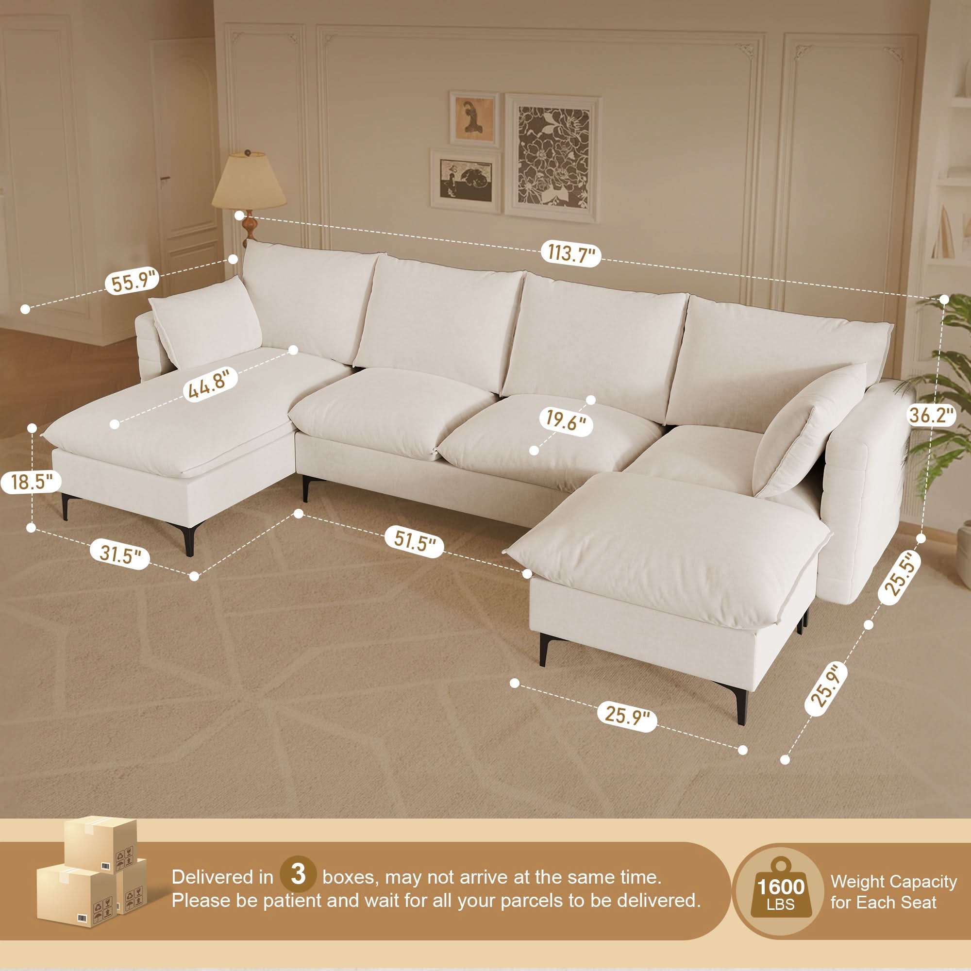 OVIOS 113.7" Modular Sectional Sofa Couch, U-Shaped Cloud Couches with Ottoman Chaise and Thick Cushions