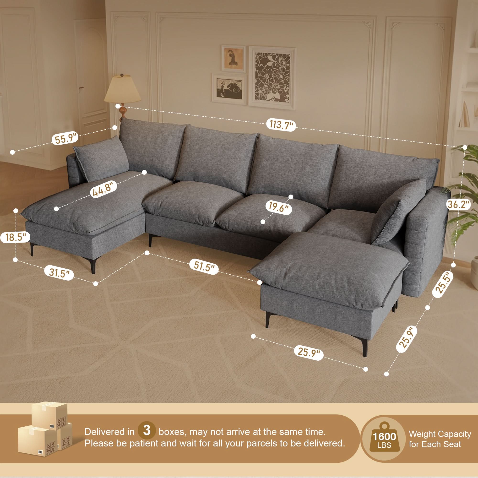 OVIOS 113.7" Modular Sectional Sofa Couch, U-Shaped Cloud Couches with Ottoman Chaise and Thick Cushions