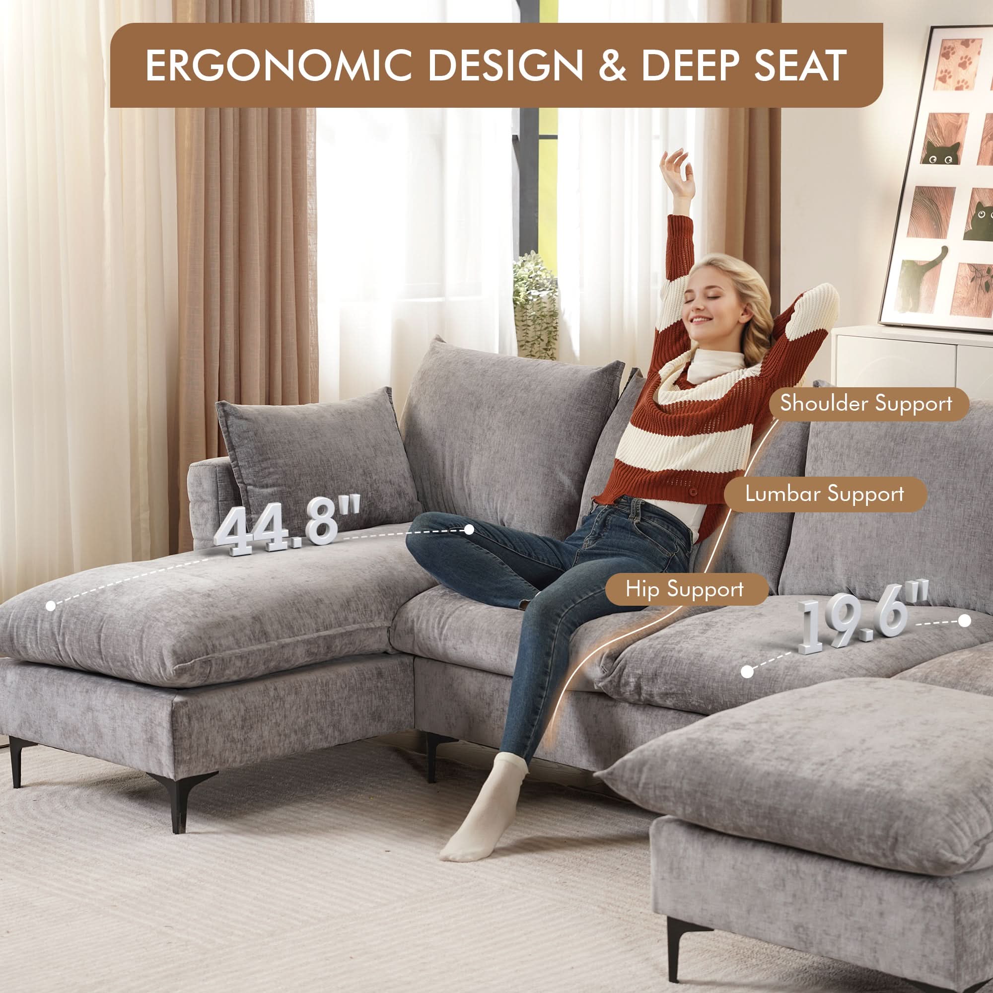 OVIOS 113.7" Modular Sectional Sofa Couch, U-Shaped Cloud Couches with Ottoman Chaise and Thick Cushions