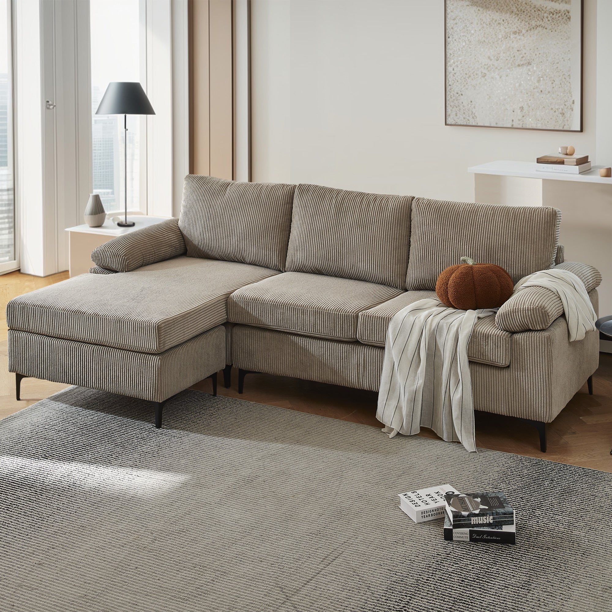 OVIOS 100.40" Reversible Chaise Sofa Wide-Wale Corduroy