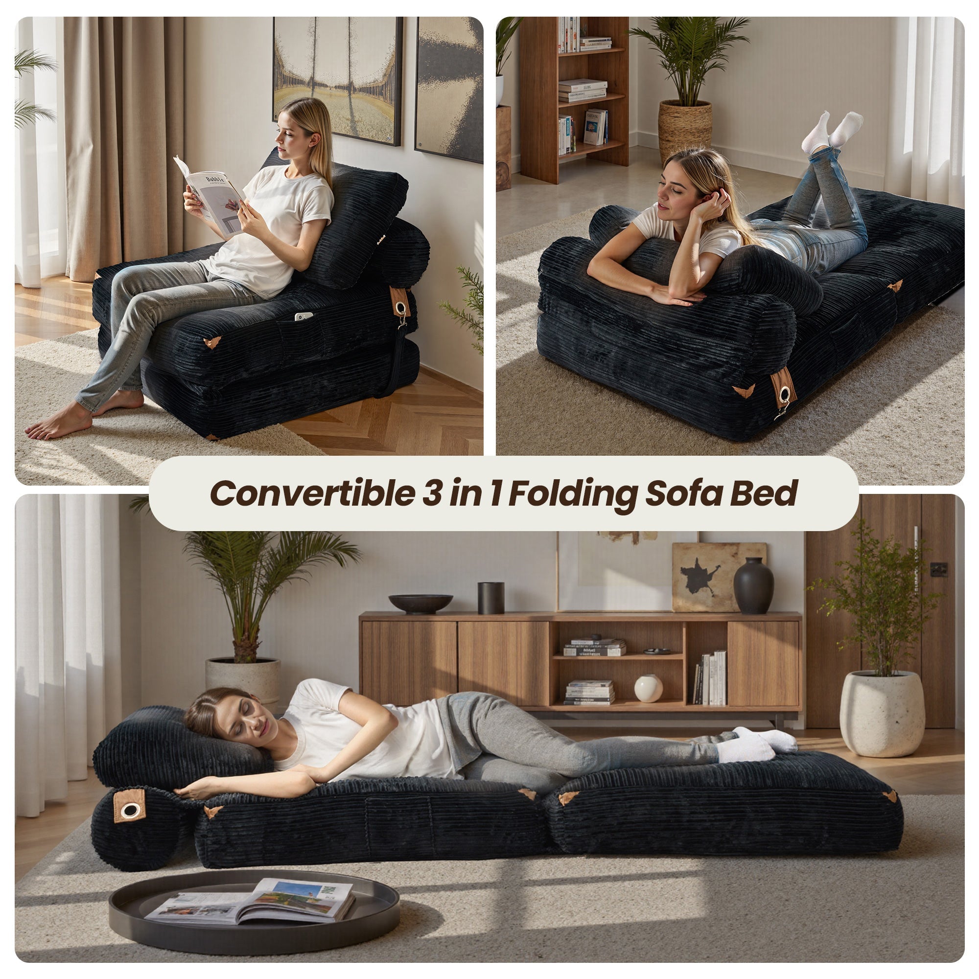 OVIOS Bean Bag Bed Folding Sofa Bed – Convertible Sleeper Chair with Pillow & Back Support