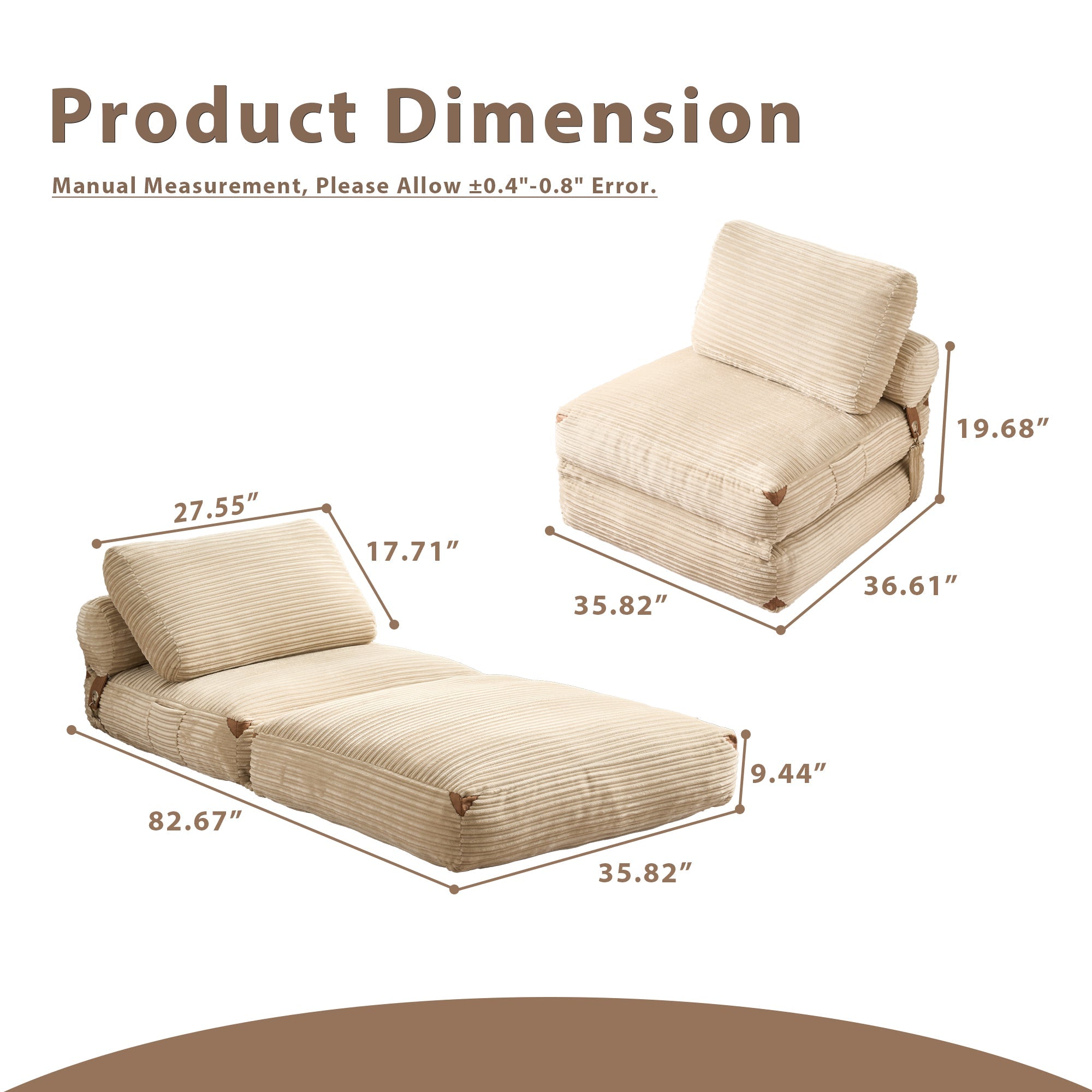 OVIOS Bean Bag Bed Folding Sofa Bed – Convertible Sleeper Chair with Pillow & Back Support