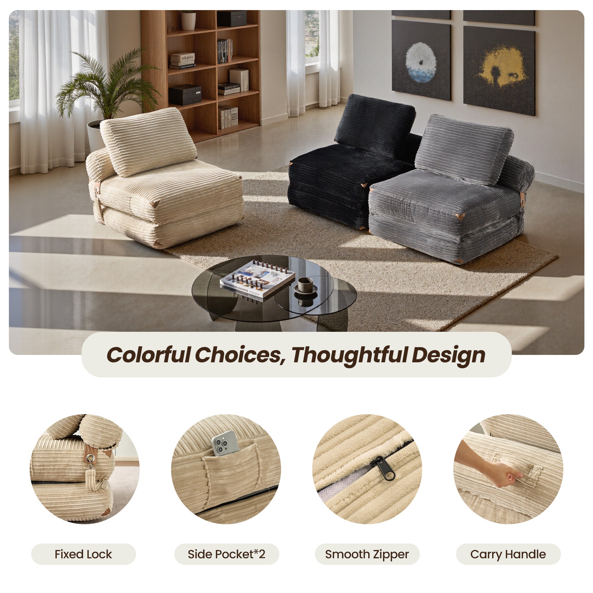 OVIOS Bean Bag Bed Folding Sofa Bed – Convertible Sleeper Chair with Pillow & Back Support