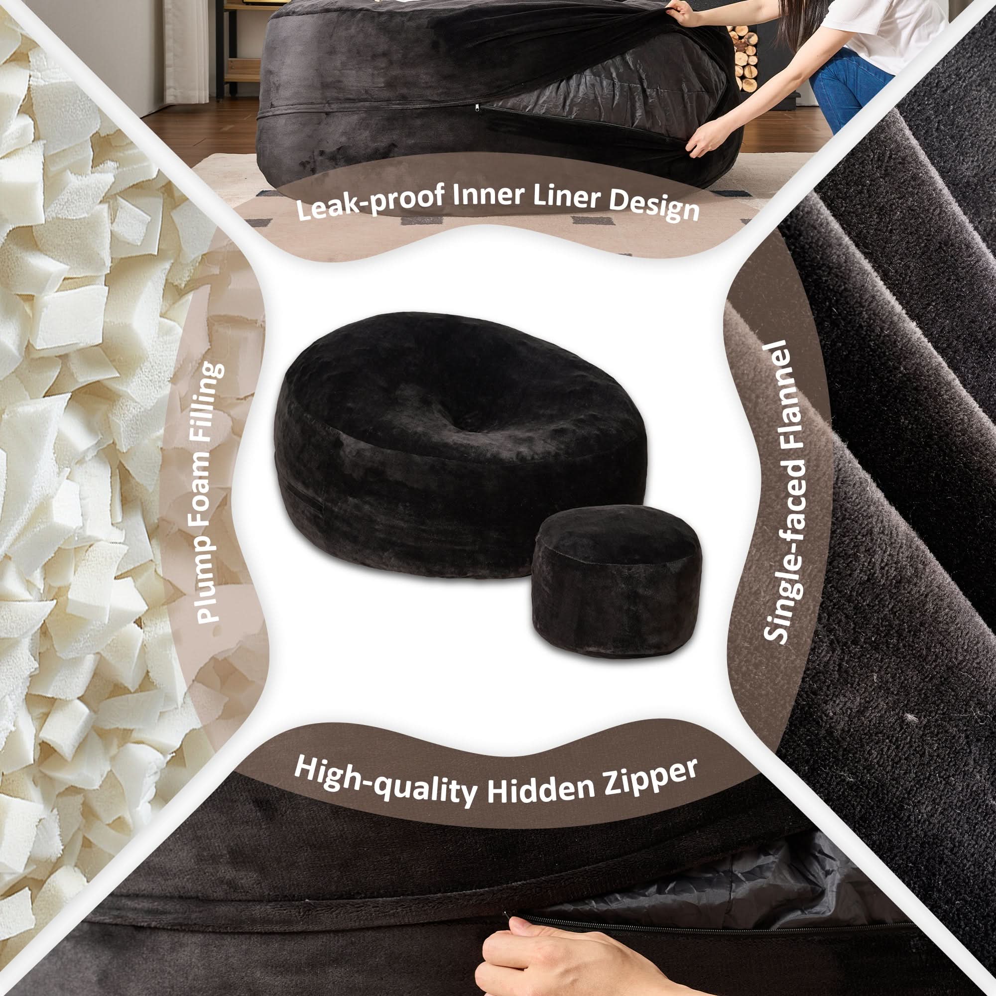 OVIOS Bean Bag Chair Removable Cover, High-Rebound Filling Cozy Furniture for Living Room, Bedroom
