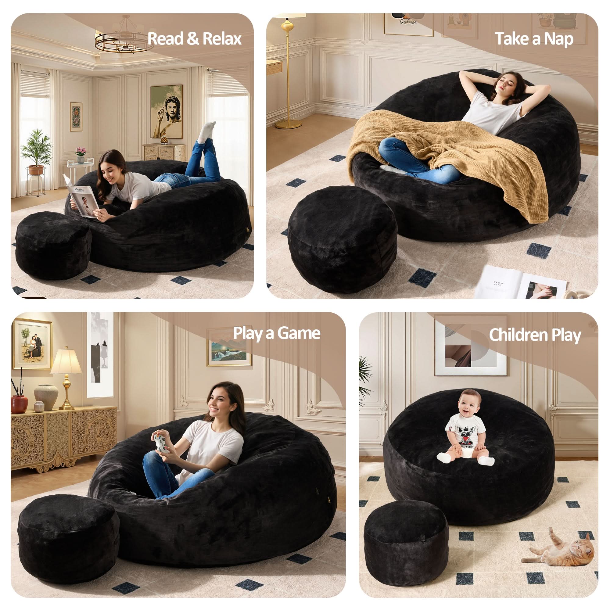 OVIOS Bean Bag Chair Removable Cover, High-Rebound Filling Cozy Furniture for Living Room, Bedroom
