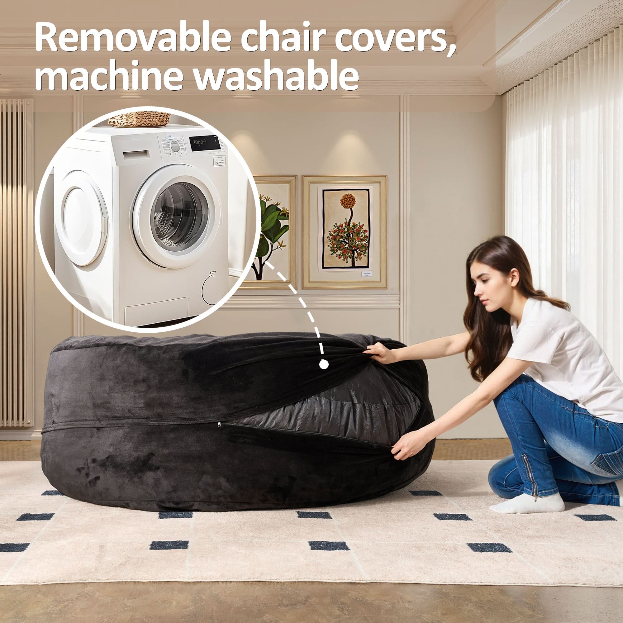 OVIOS Bean Bag Chair Removable Cover, High-Rebound Filling Cozy Furniture for Living Room, Bedroom