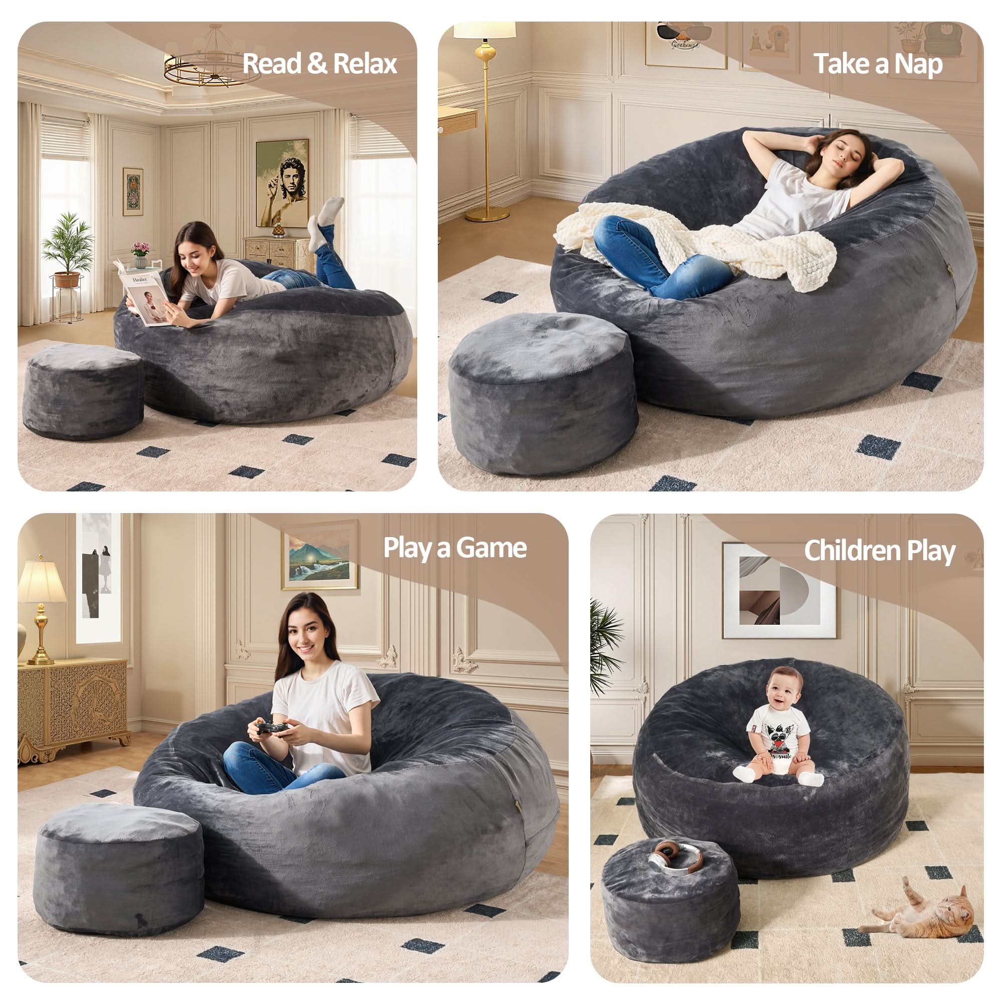OVIOS Bean Bag Chair Removable Cover, High-Rebound Filling Cozy Furniture for Living Room, Bedroom
