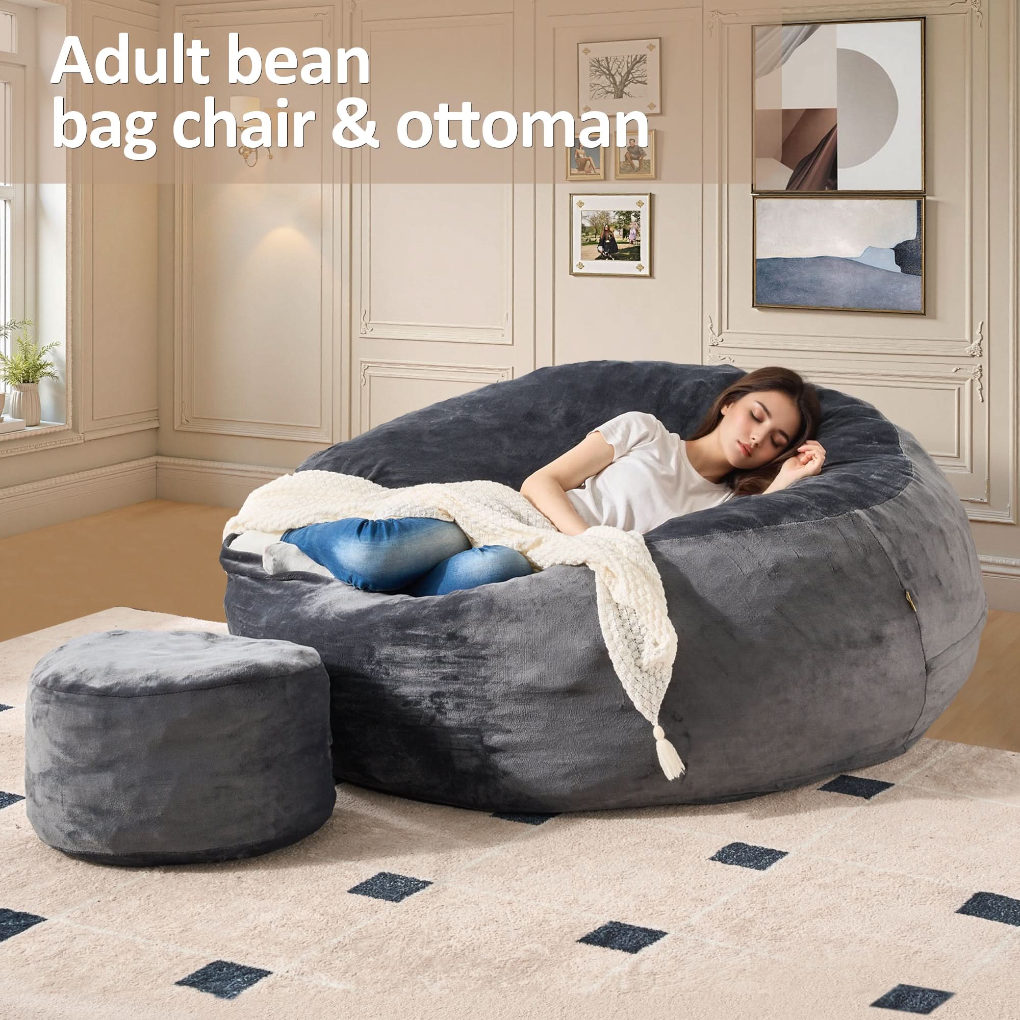 OVIOS Bean Bag Chair Removable Cover, High-Rebound Filling Cozy Furniture for Living Room, Bedroom