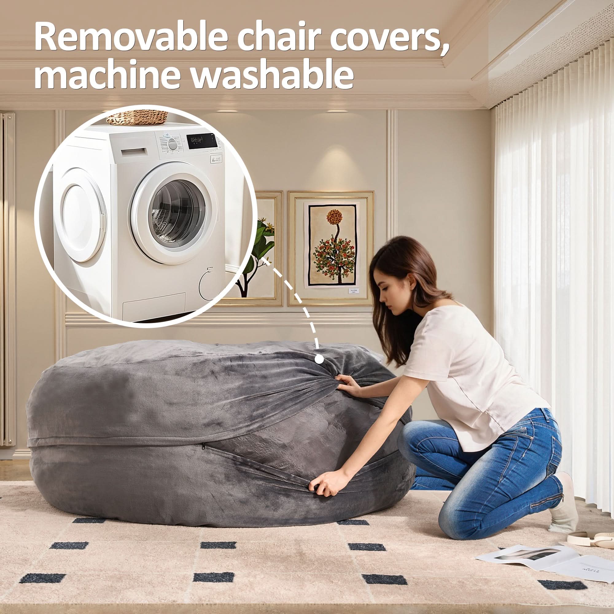 OVIOS Bean Bag Chair Removable Cover, High-Rebound Filling Cozy Furniture for Living Room, Bedroom