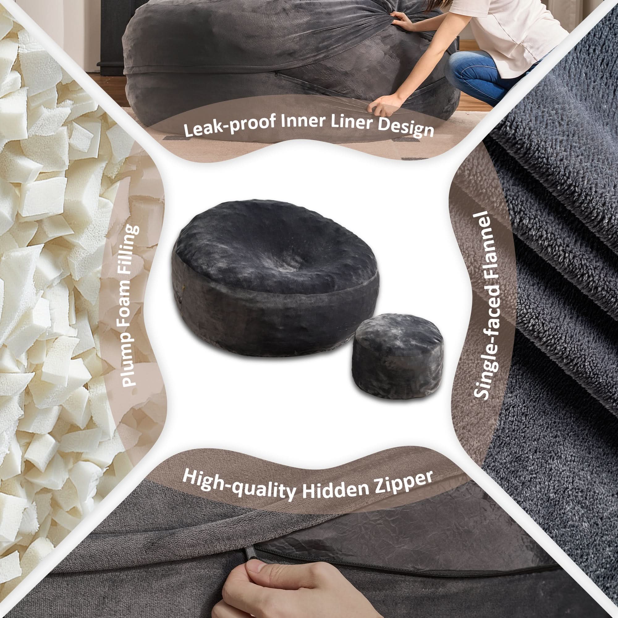 OVIOS Bean Bag Chair Removable Cover, High-Rebound Filling Cozy Furniture for Living Room, Bedroom