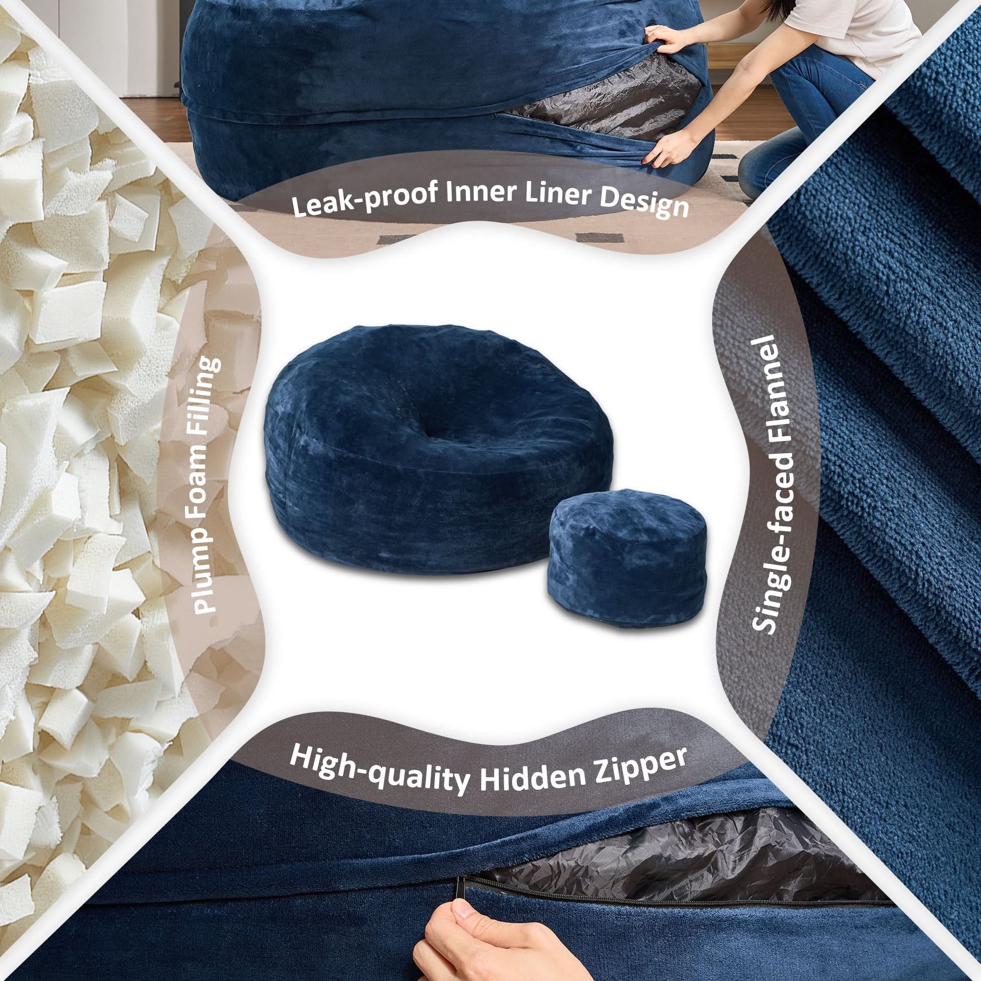 OVIOS Bean Bag Chair Removable Cover, High-Rebound Filling Cozy Furniture for Living Room, Bedroom