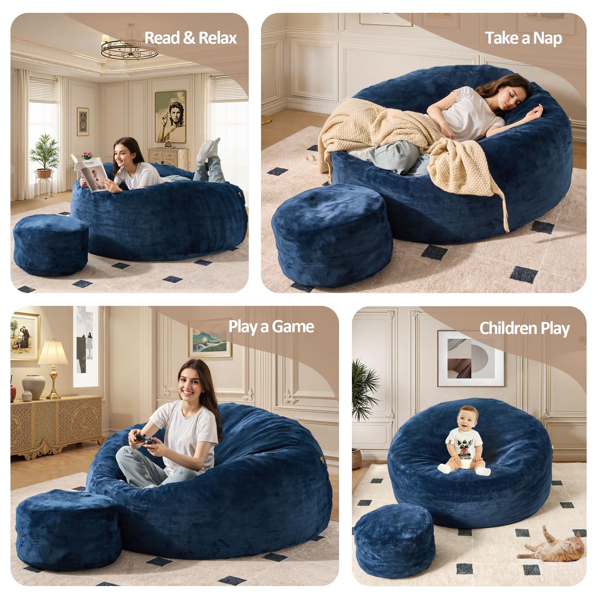 OVIOS Bean Bag Chair Removable Cover, High-Rebound Filling Cozy Furniture for Living Room, Bedroom
