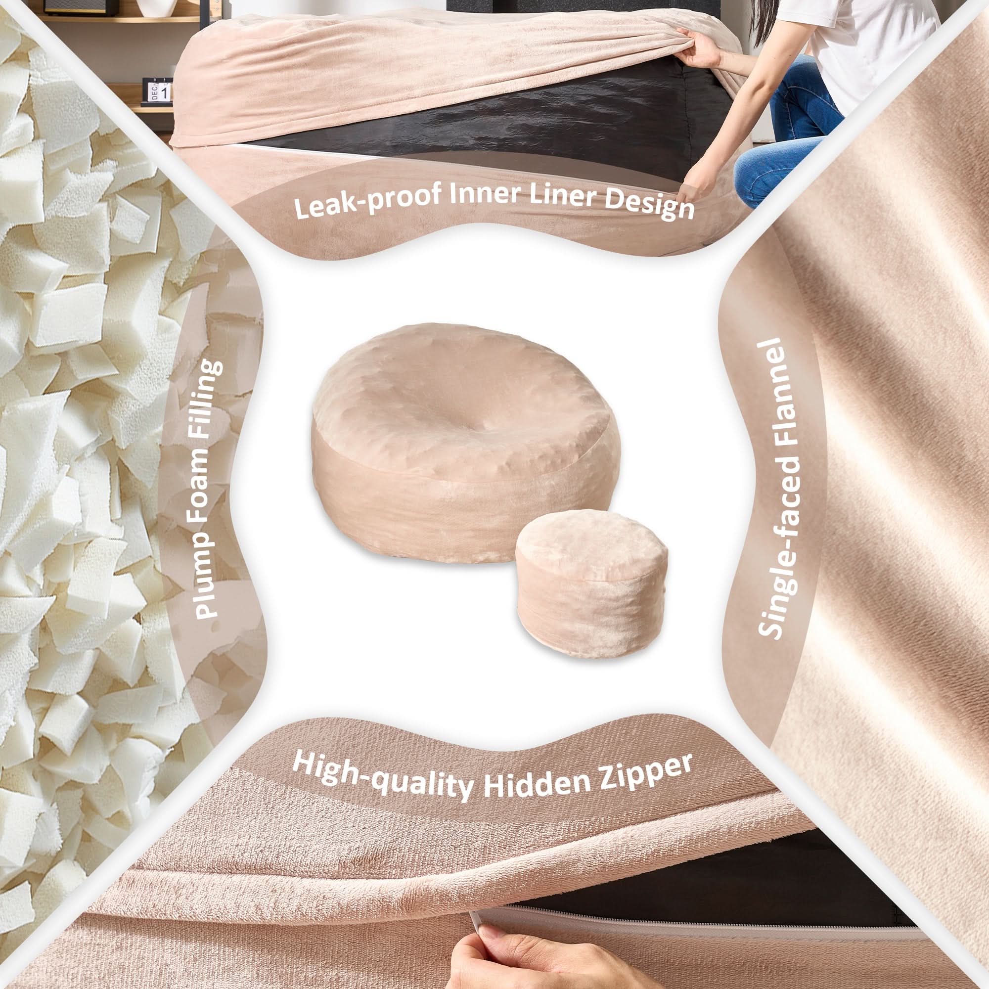 OVIOS Bean Bag Chair Removable Cover, High-Rebound Filling Cozy Furniture for Living Room, Bedroom