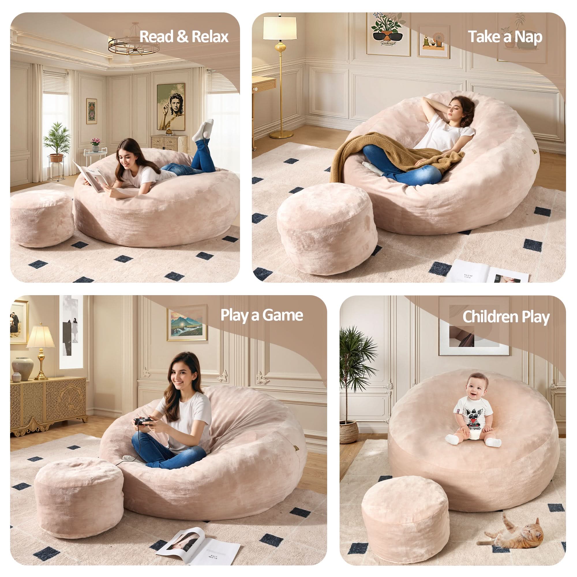 OVIOS Bean Bag Chair Removable Cover, High-Rebound Filling Cozy Furniture for Living Room, Bedroom