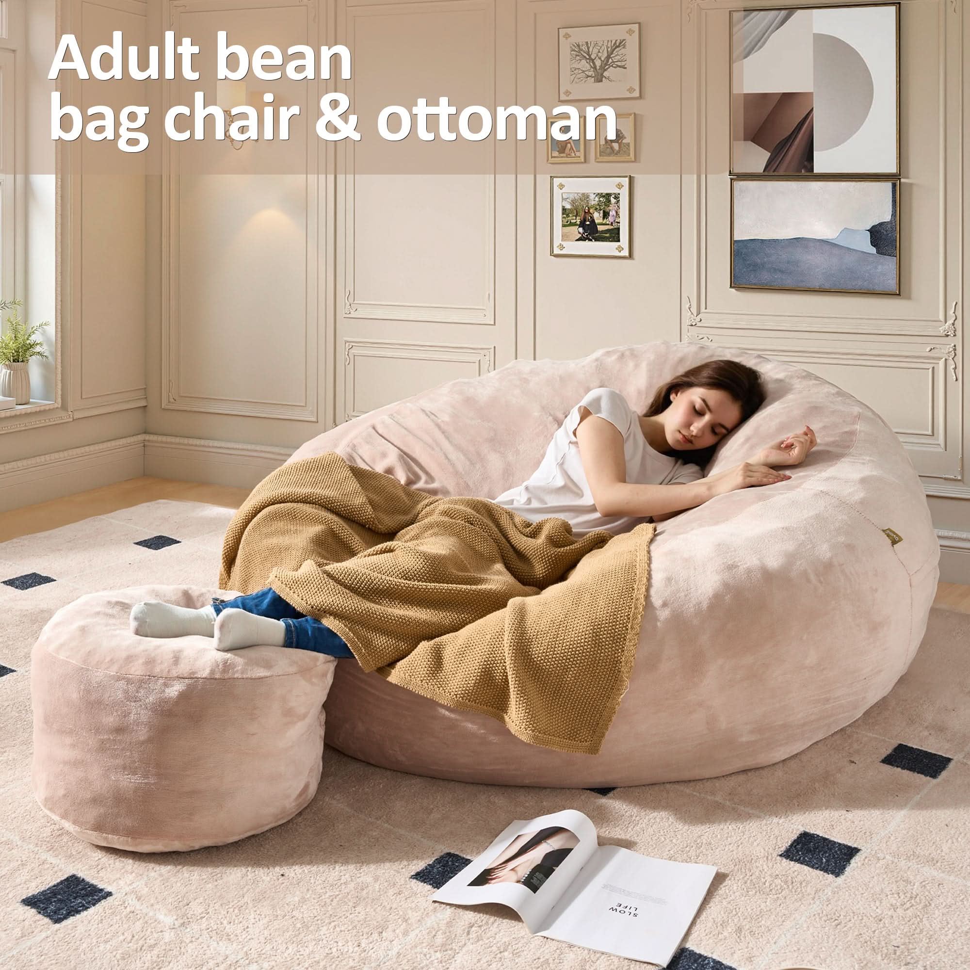 OVIOS Bean Bag Chair Removable Cover, High-Rebound Filling Cozy Furniture for Living Room, Bedroom