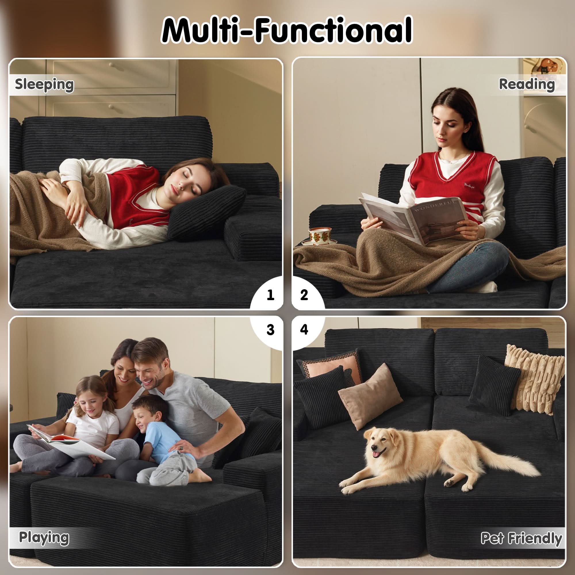 OVIOS 81" Oversized Sectional Double Lounge Chaise with Cloud Plush Sofa Bed, No Assembly Required
