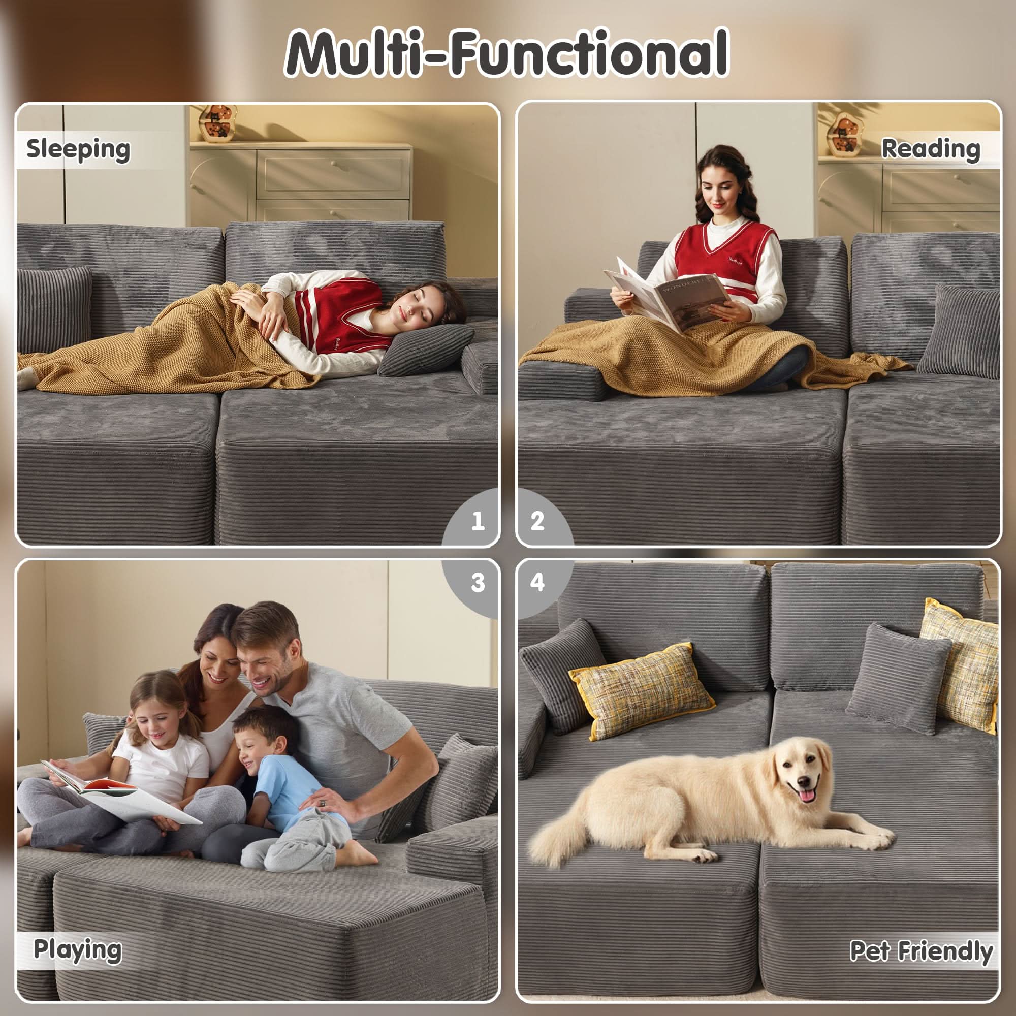 OVIOS 81" Oversized Sectional Double Lounge Chaise with Cloud Plush Sofa Bed, No Assembly Required