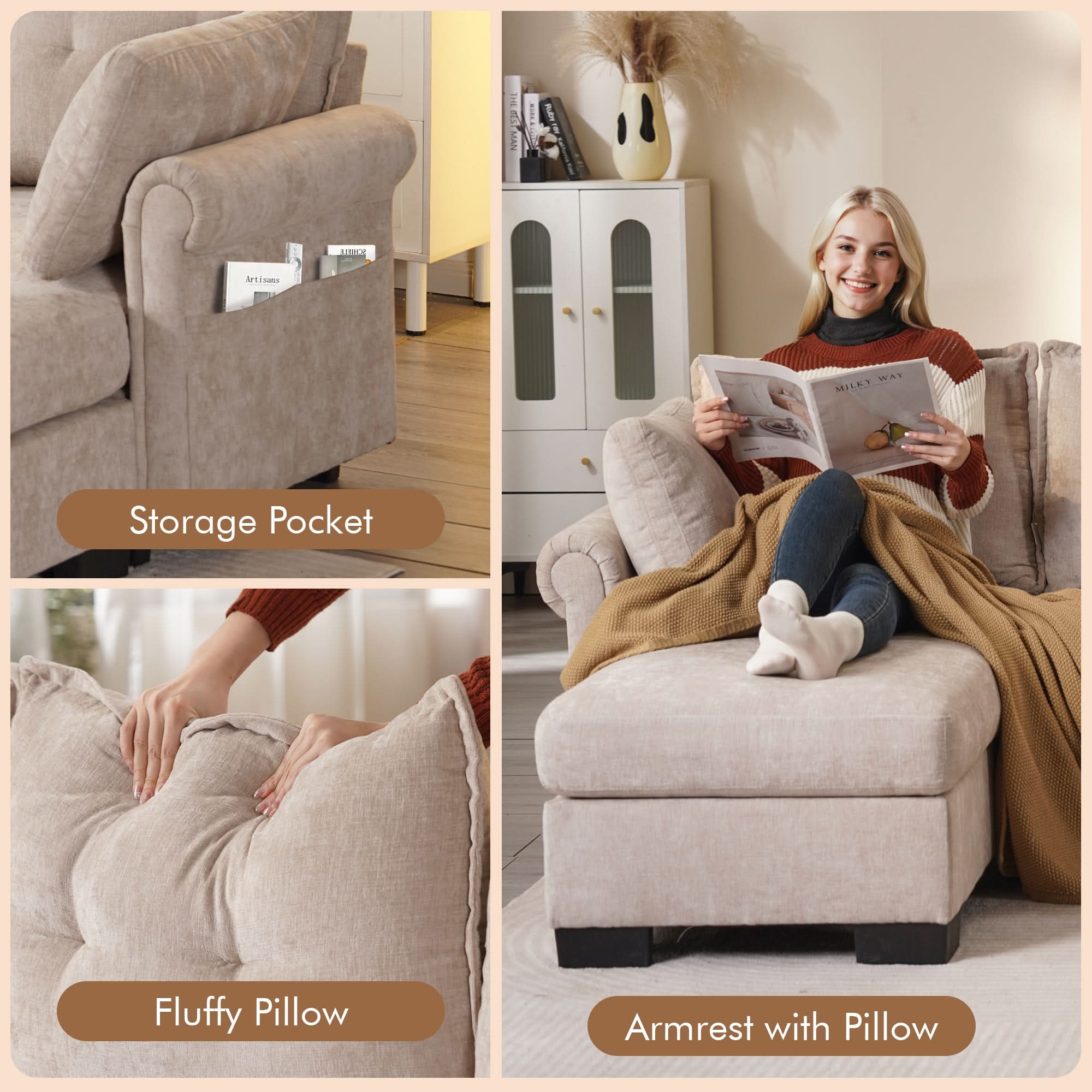 OVIOS 112" U Shaped Sectional Sofa Cloud Couch,Comfy Chenille Modular Sectional Couches with Ottoman,Modern 4 Seater Sofas with Chaise Lounge for Living Room Office Apartmant