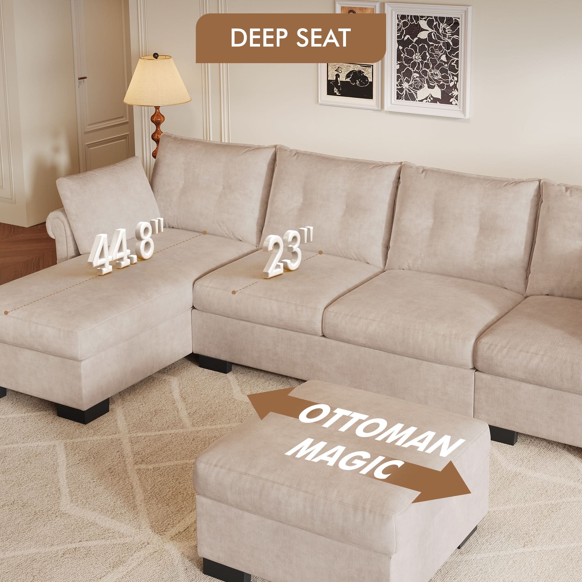 OVIOS 112" U Shaped Sectional Sofa Cloud Couch,Comfy Chenille Modular Sectional Couches with Ottoman,Modern 4 Seater Sofas with Chaise Lounge for Living Room Office Apartmant