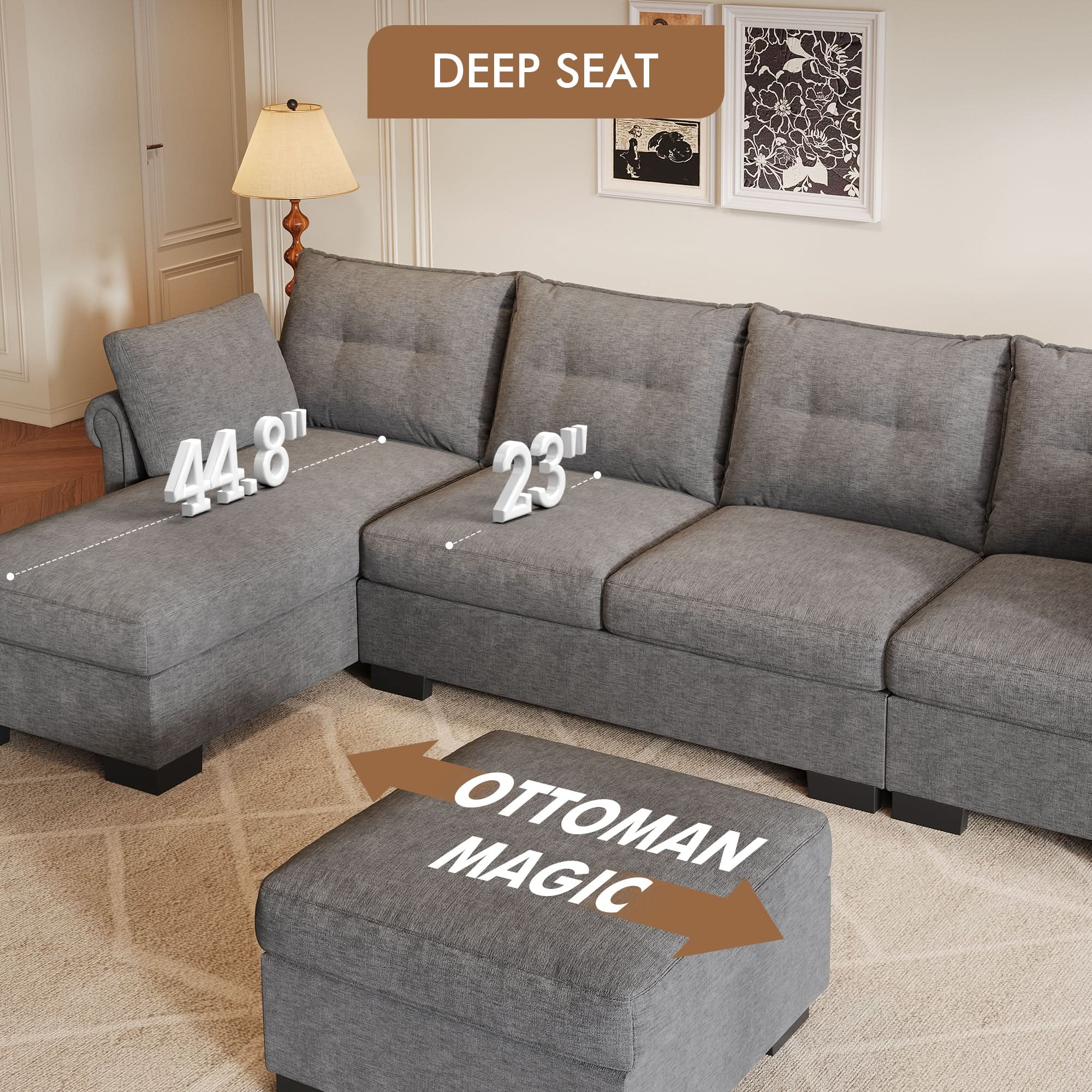 OVIOS 112" U Shaped Sectional Sofa Cloud Couch,Comfy Chenille Modular Sectional Couches with Ottoman,Modern 4 Seater Sofas with Chaise Lounge for Living Room Office Apartmant