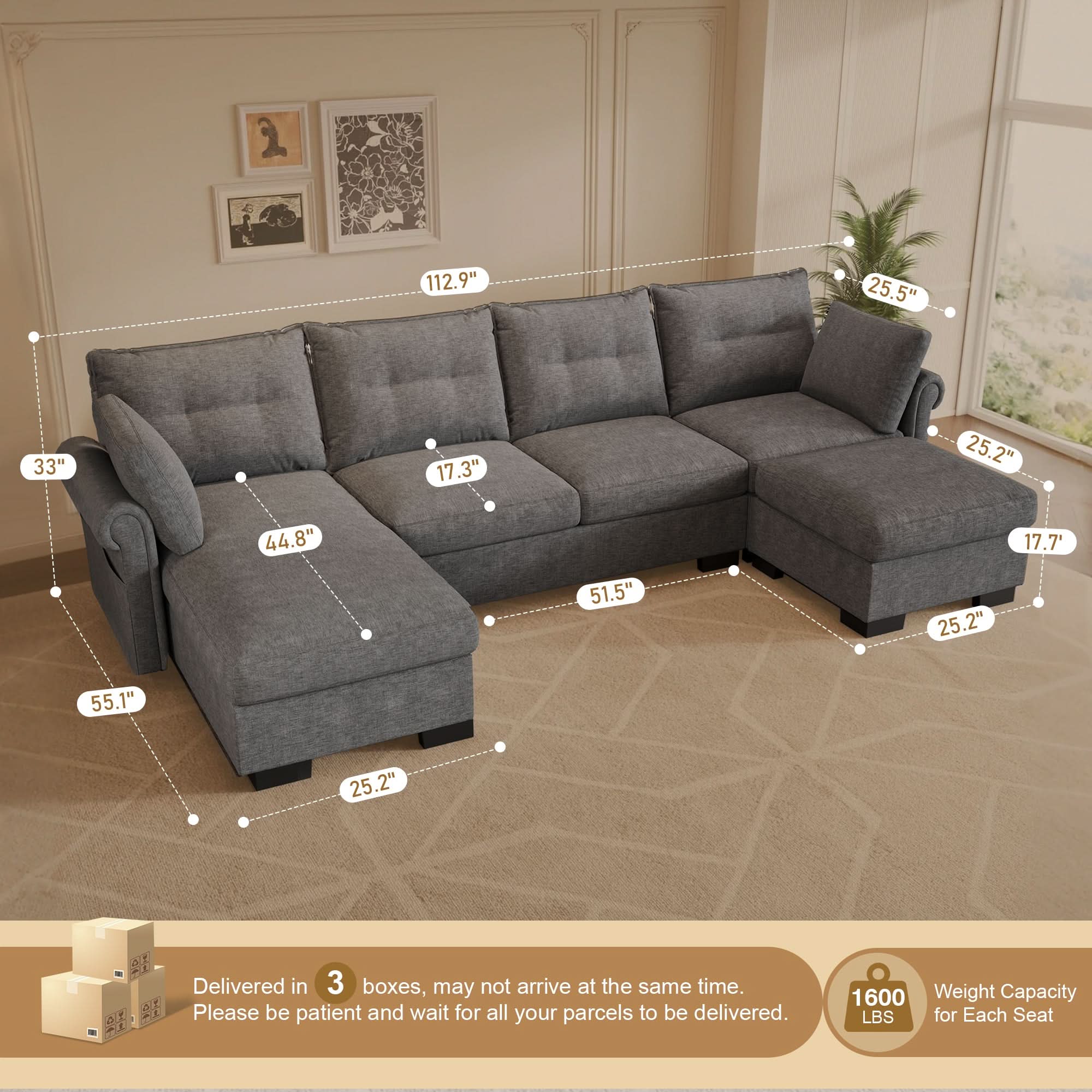OVIOS 112" U Shaped Sectional Sofa Cloud Couch,Comfy Chenille Modular Sectional Couches with Ottoman,Modern 4 Seater Sofas with Chaise Lounge for Living Room Office Apartmant