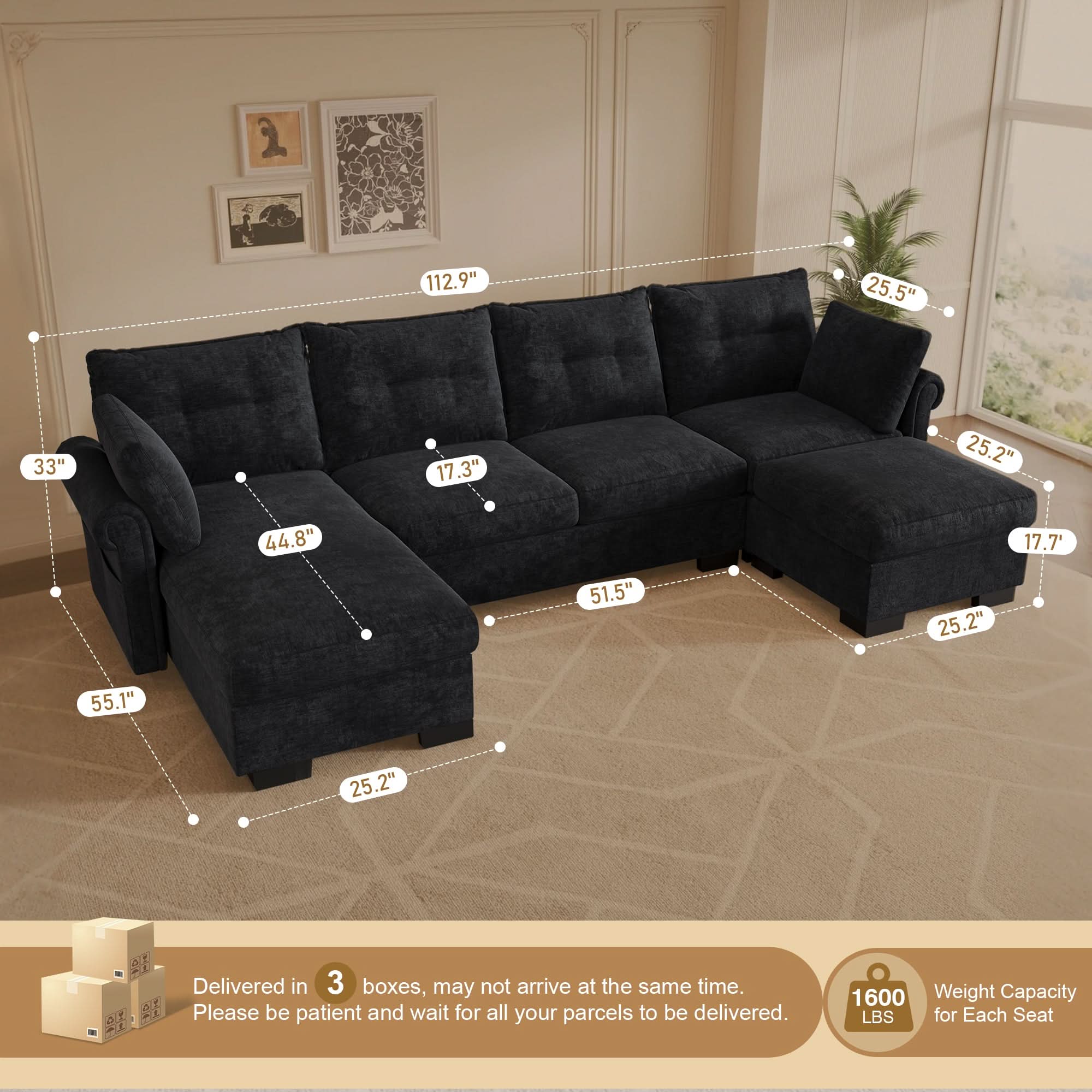 OVIOS 112" U Shaped Sectional Sofa Cloud Couch,Comfy Chenille Modular Sectional Couches with Ottoman,Modern 4 Seater Sofas with Chaise Lounge for Living Room Office Apartmant