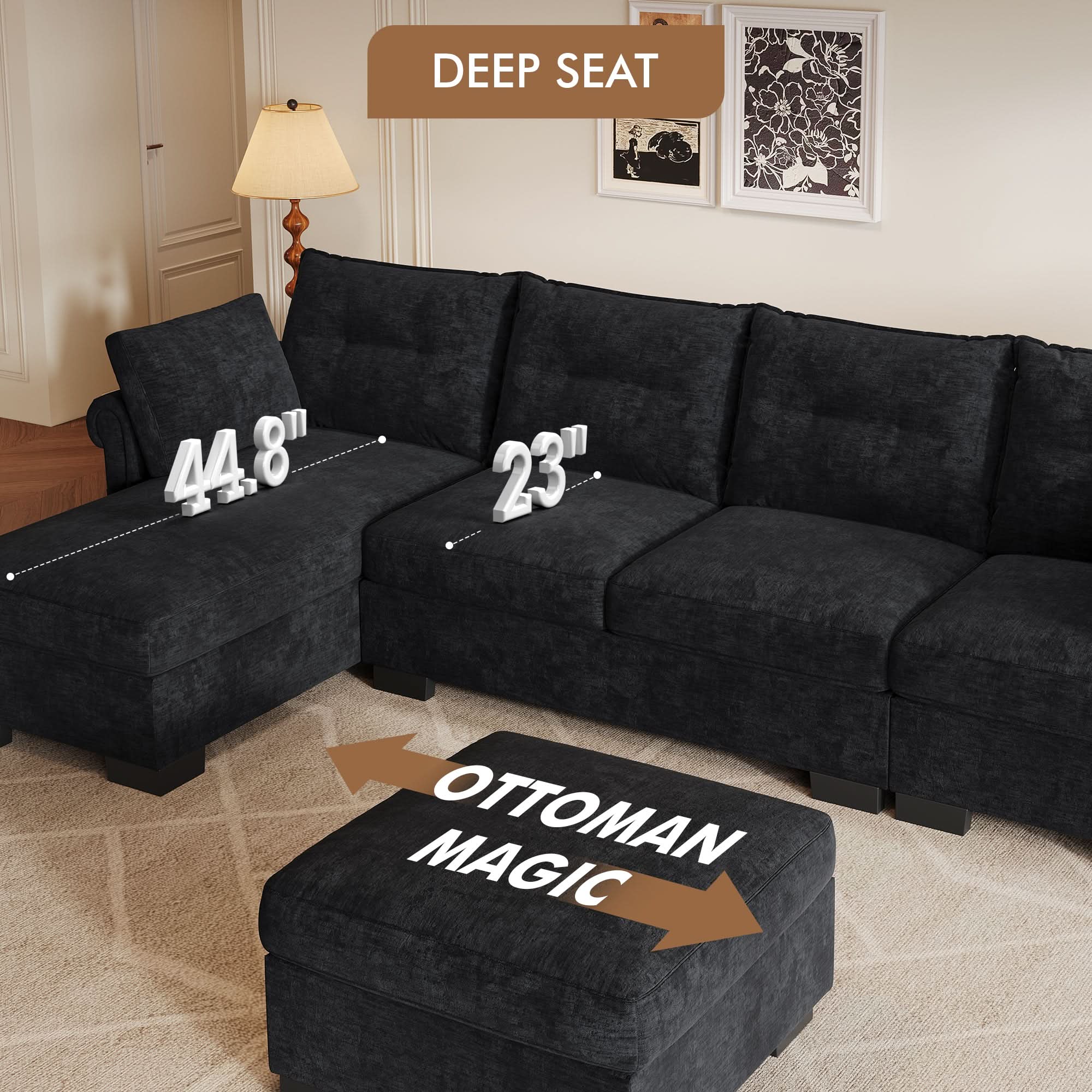 OVIOS 112" U Shaped Sectional Sofa Cloud Couch,Comfy Chenille Modular Sectional Couches with Ottoman,Modern 4 Seater Sofas with Chaise Lounge for Living Room Office Apartmant