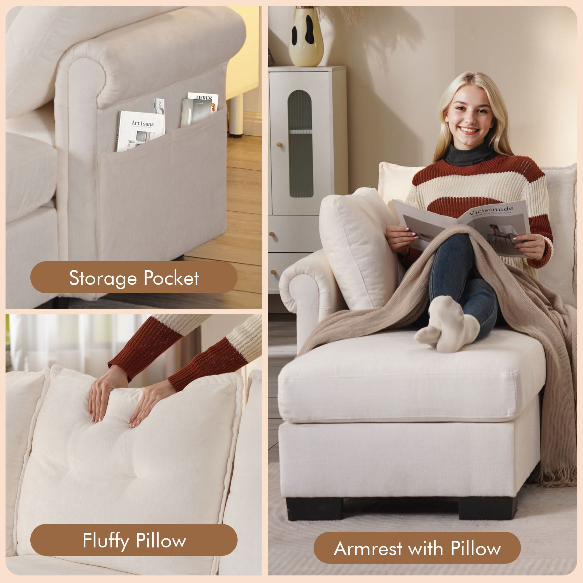 OVIOS 112" U Shaped Sectional Sofa Cloud Couch,Comfy Chenille Modular Sectional Couches with Ottoman,Modern 4 Seater Sofas with Chaise Lounge for Living Room Office Apartmant