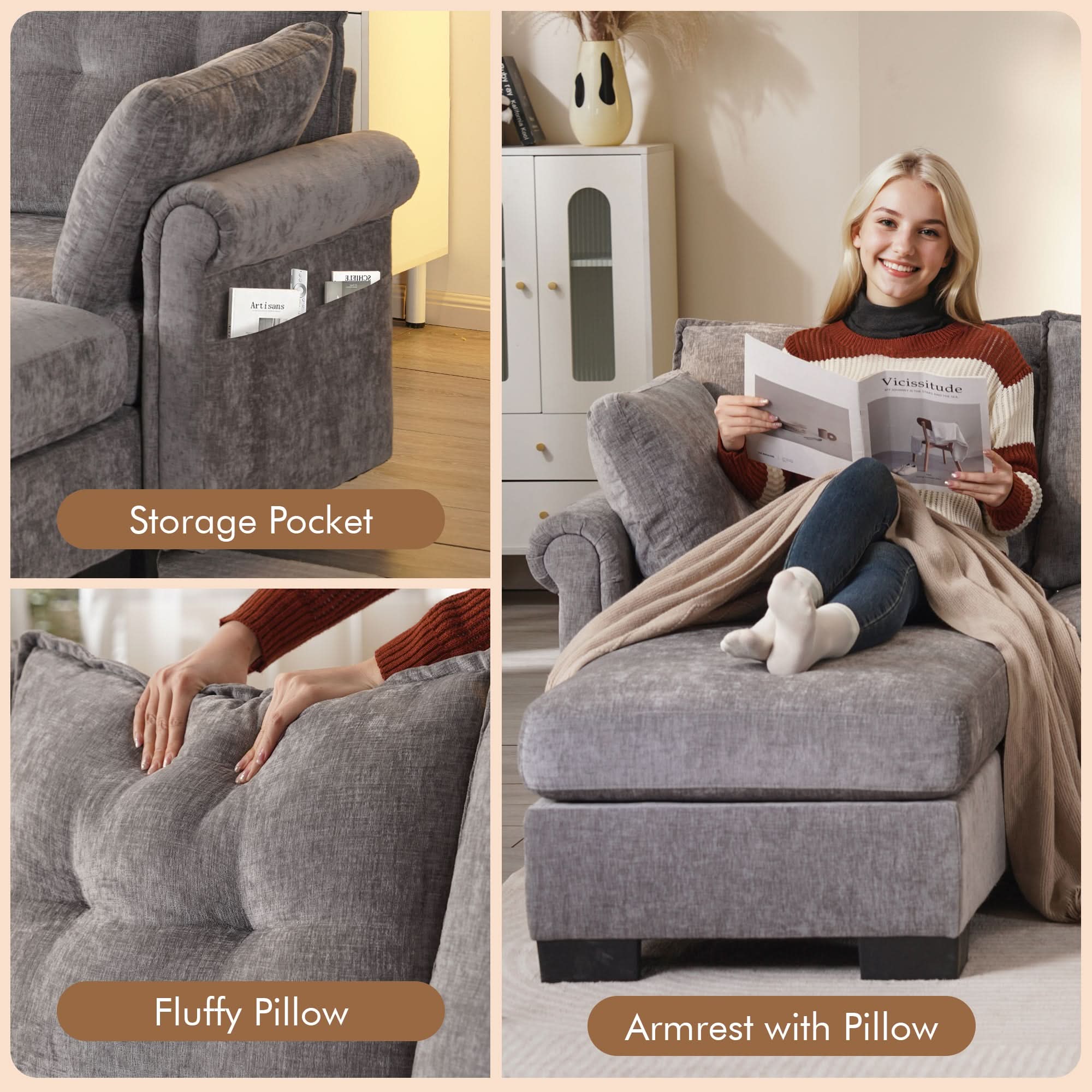 OVIOS 112" U Shaped Sectional Sofa Cloud Couch,Comfy Chenille Modular Sectional Couches with Ottoman,Modern 4 Seater Sofas with Chaise Lounge for Living Room Office Apartmant