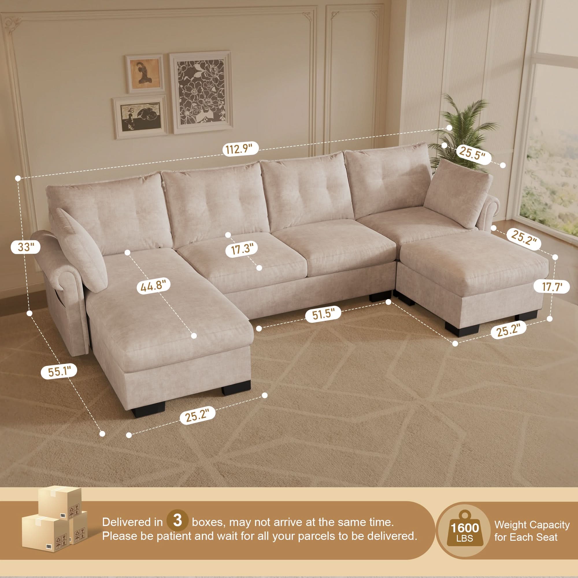 OVIOS 112" U Shaped Sectional Sofa Cloud Couch,Comfy Chenille Modular Sectional Couches with Ottoman,Modern 4 Seater Sofas with Chaise Lounge for Living Room Office Apartmant