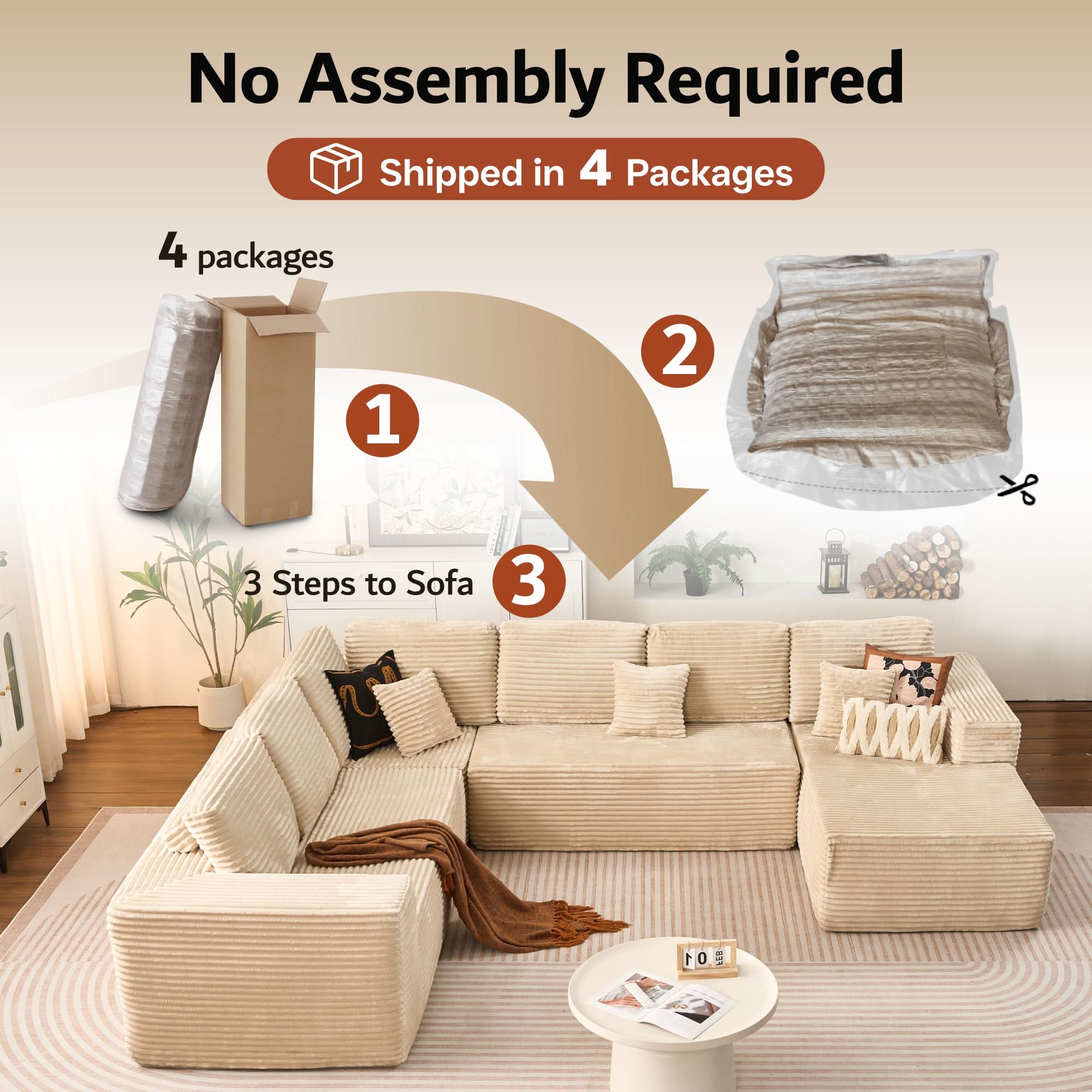 OVIOS Modular Cloud Sofa with Memory Foam & L-Shaped Chaise,Corduroy Fabric Sofa, No Assembly Required
