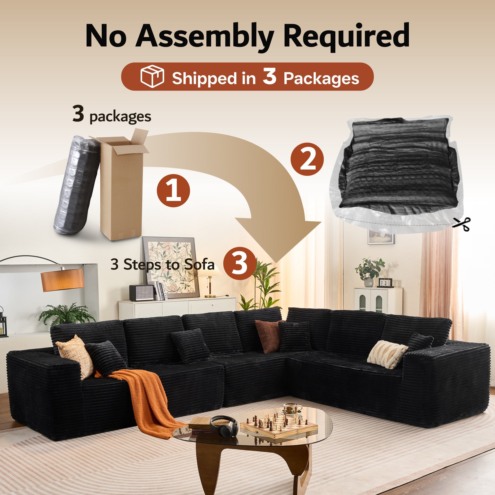 OVIOS L-Shaped Cloud Sectional Sofa with Chaise - Plush Corduroy, Memory Foam & No Assembly