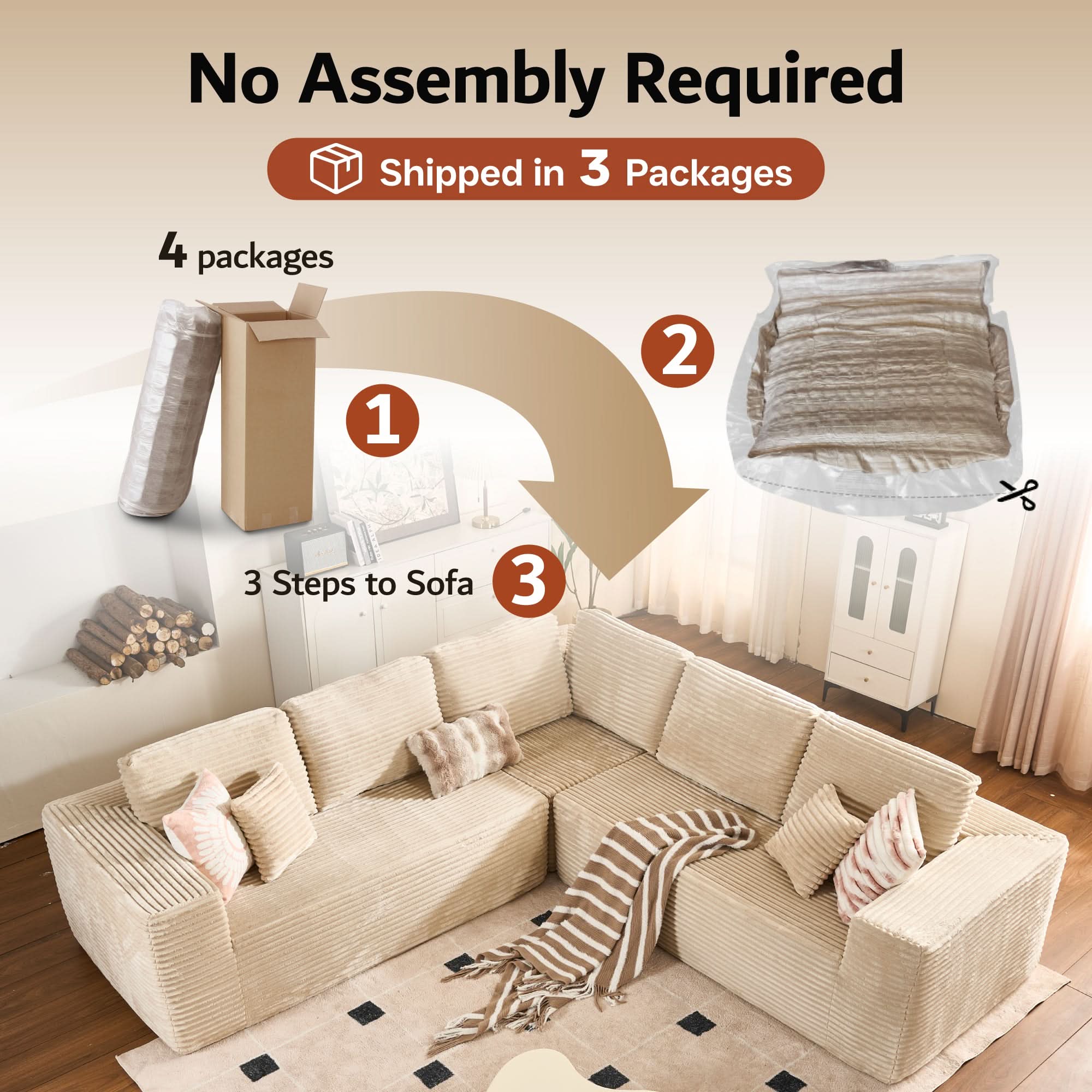OVIOS Modular Cloud Sofa with Memory Foam, L-Shaped Chaise & Corduroy Upholstery - No Assembly Required