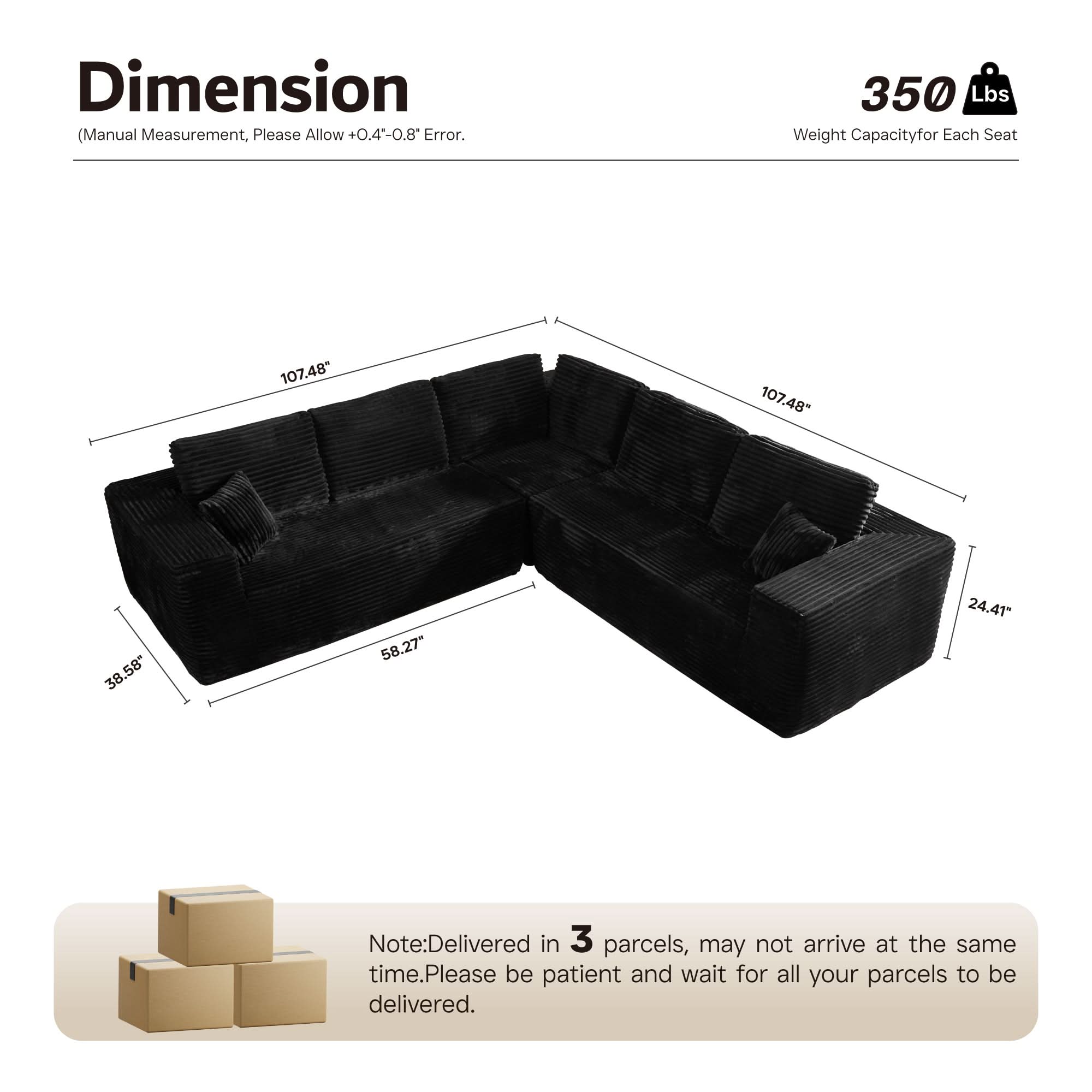 OVIOS Modular Cloud Sofa with Memory Foam, L-Shaped Chaise & Corduroy Upholstery - No Assembly Required