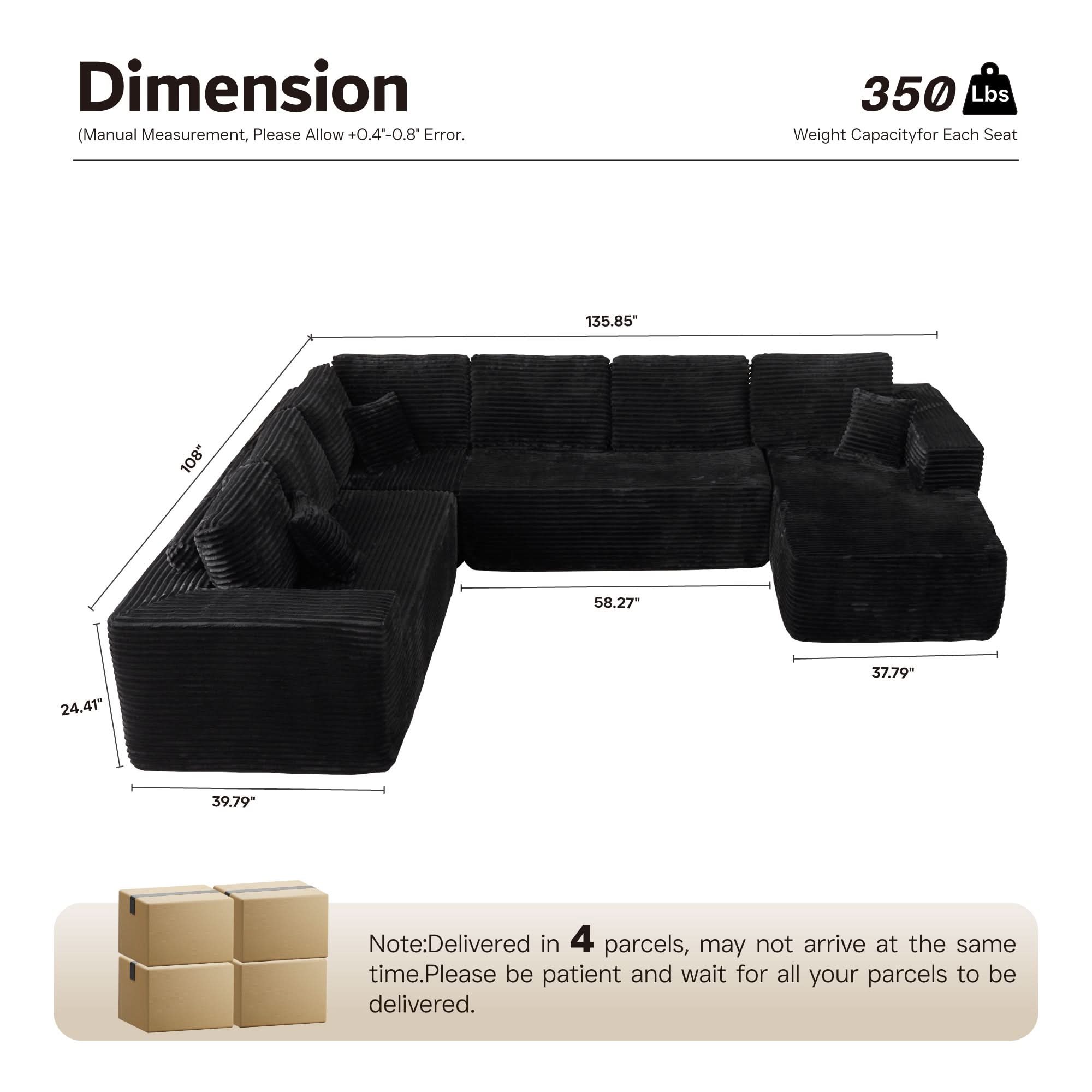 OVIOS Modular Cloud Sofa with Memory Foam & L-Shaped Chaise,Corduroy Fabric Sofa, No Assembly Required