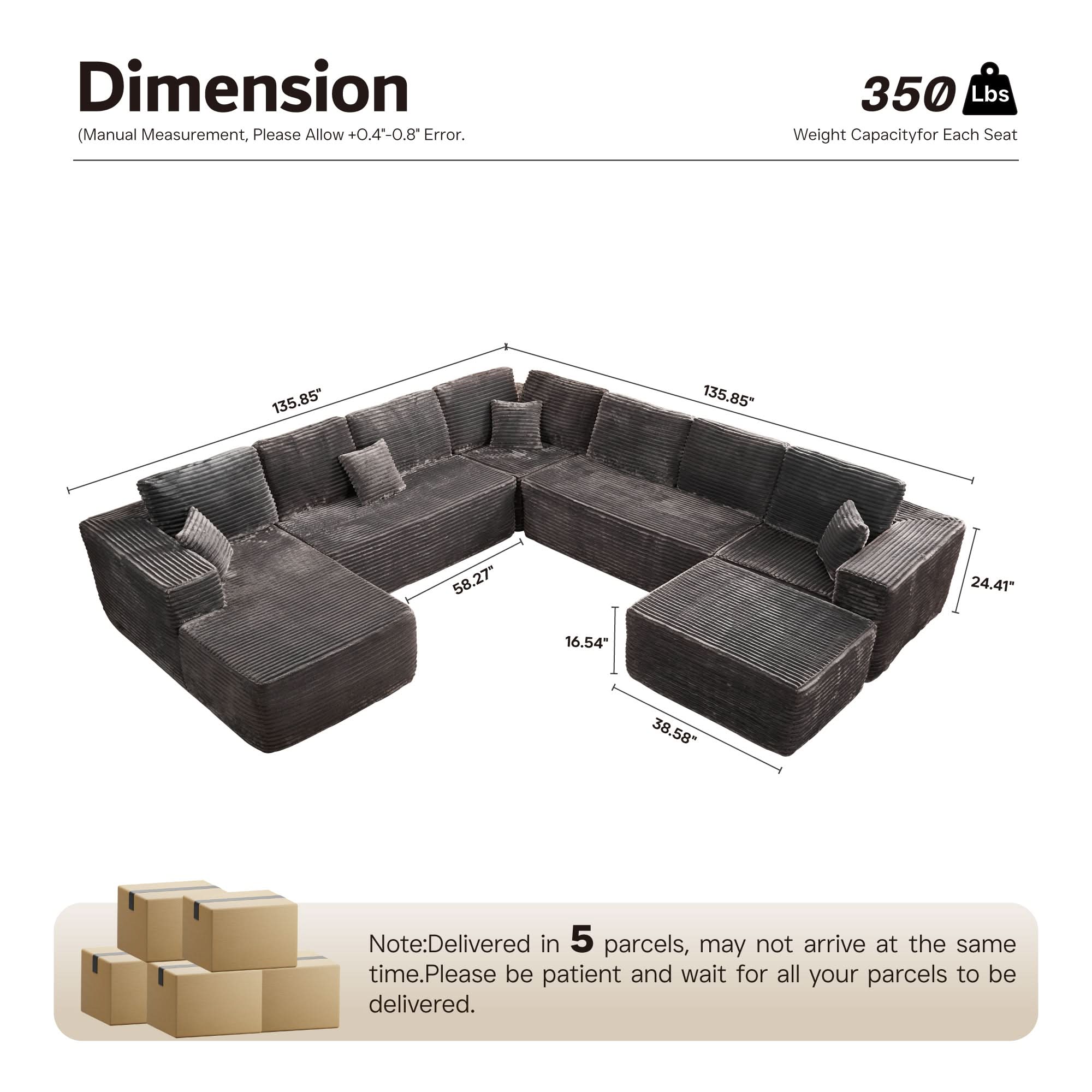 OVIOS Cloud Couch U-Shaped,Plush Corduroy Sofa,No Assembly Required