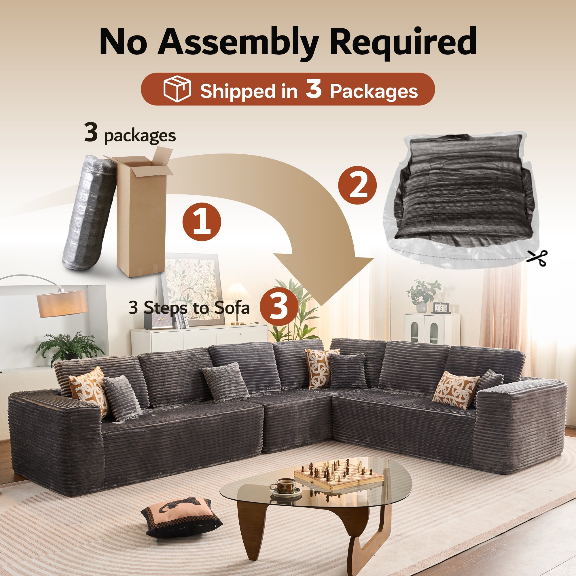 OVIOS L-Shaped Cloud Sectional Sofa with Chaise - Plush Corduroy, Memory Foam & No Assembly