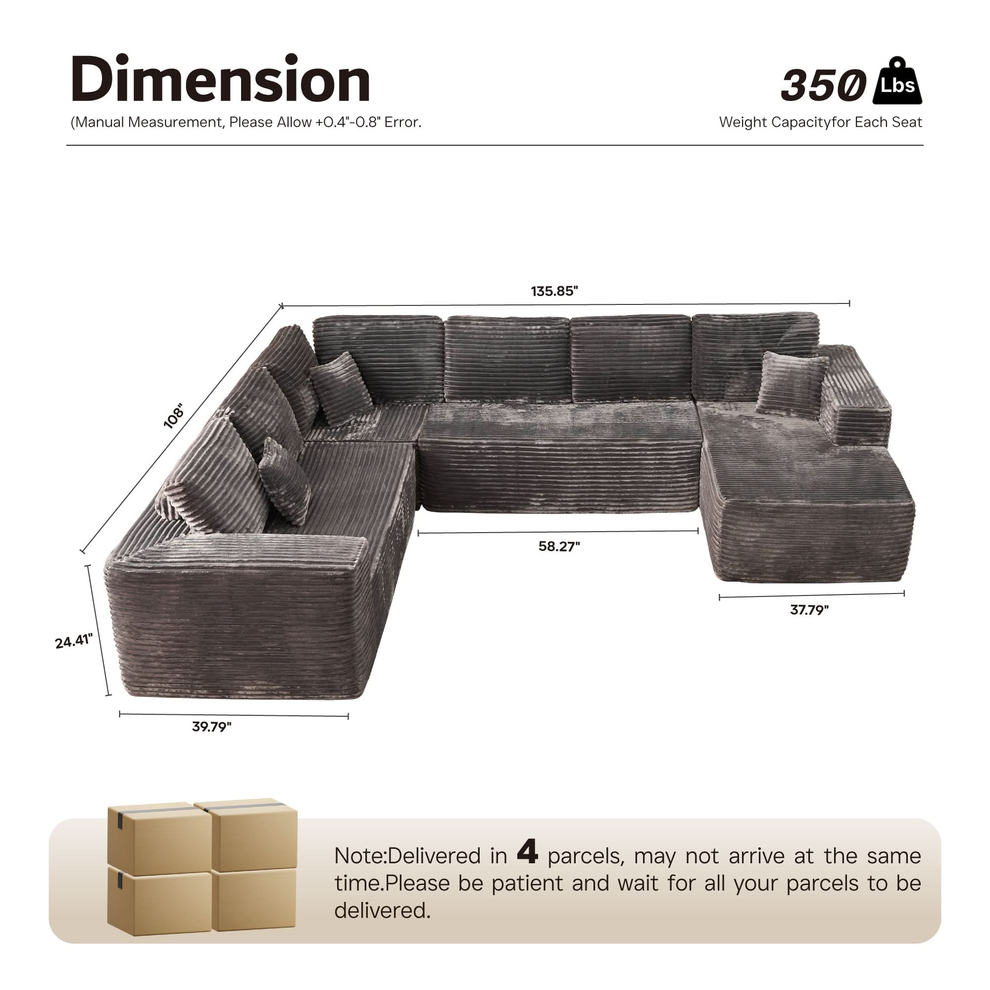 OVIOS Modular Cloud Sofa with Memory Foam & L-Shaped Chaise,Corduroy Fabric Sofa, No Assembly Required