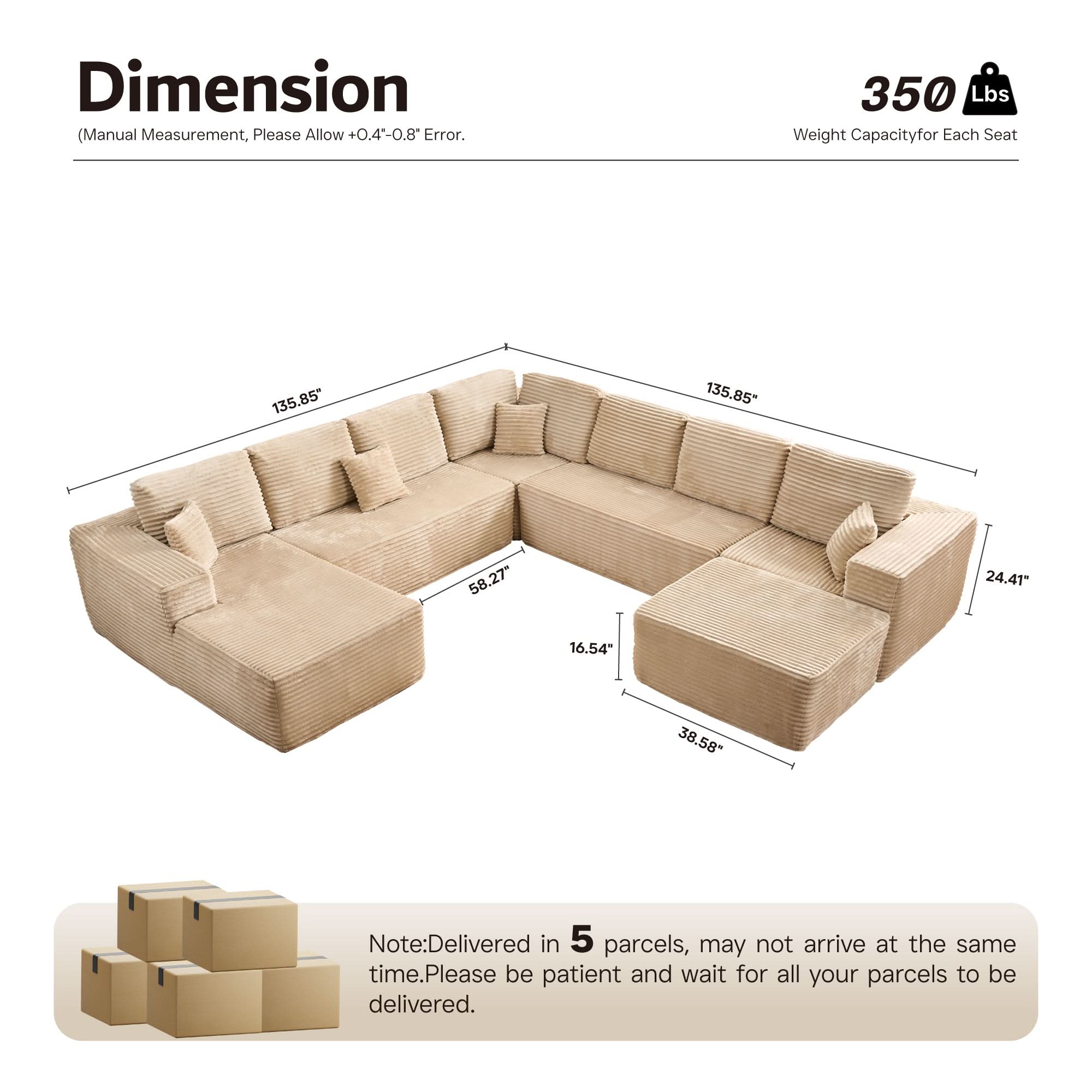 OVIOS Cloud Couch U-Shaped,Plush Corduroy Sofa,No Assembly Required