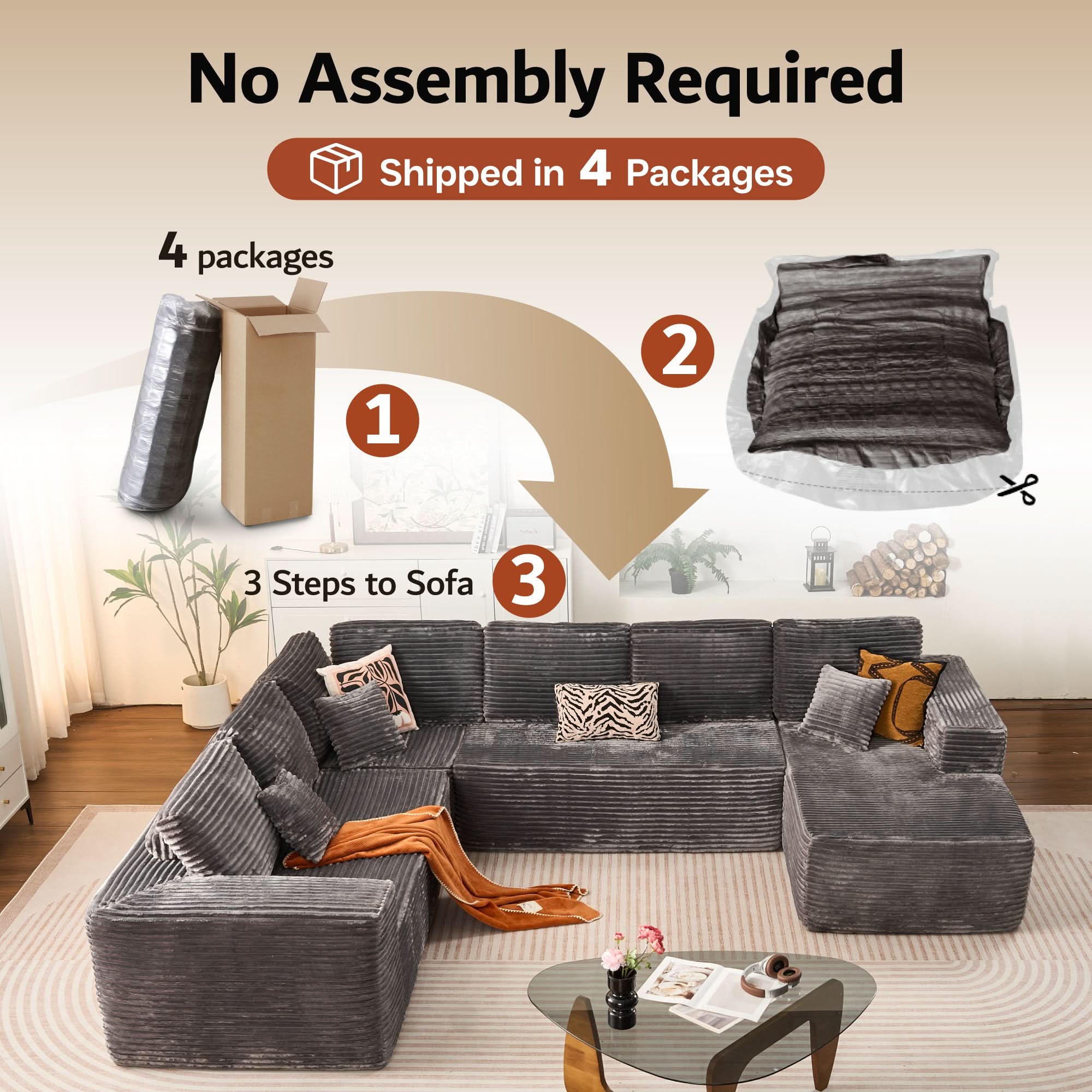 OVIOS Modular Cloud Sofa with Memory Foam & L-Shaped Chaise,Corduroy Fabric Sofa, No Assembly Required