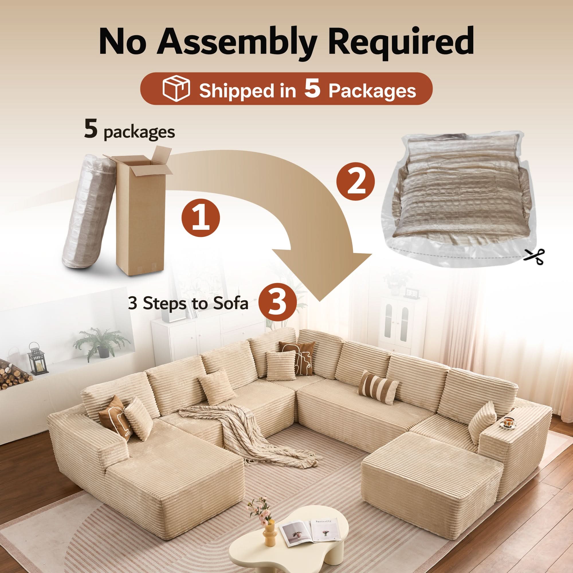 OVIOS Cloud Couch U-Shaped,Plush Corduroy Sofa,No Assembly Required