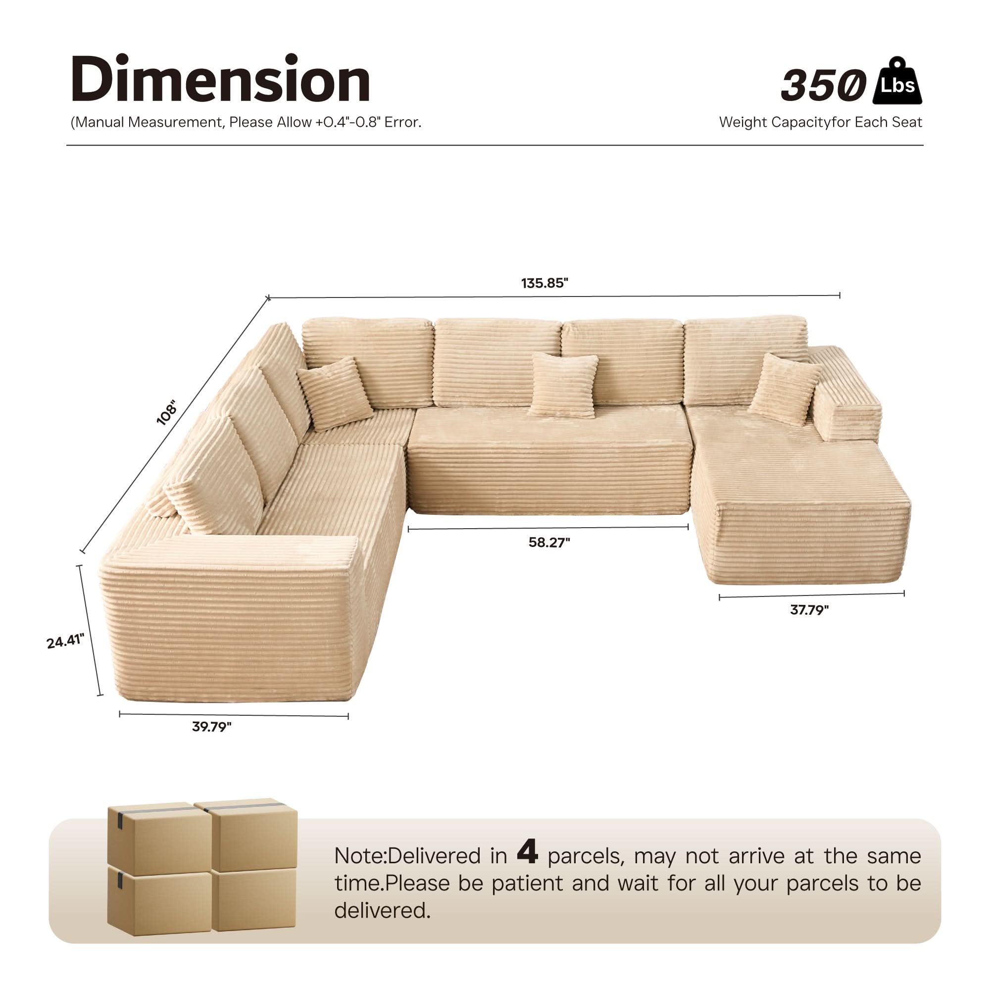 OVIOS Modular Cloud Sofa with Memory Foam & L-Shaped Chaise,Corduroy Fabric Sofa, No Assembly Required