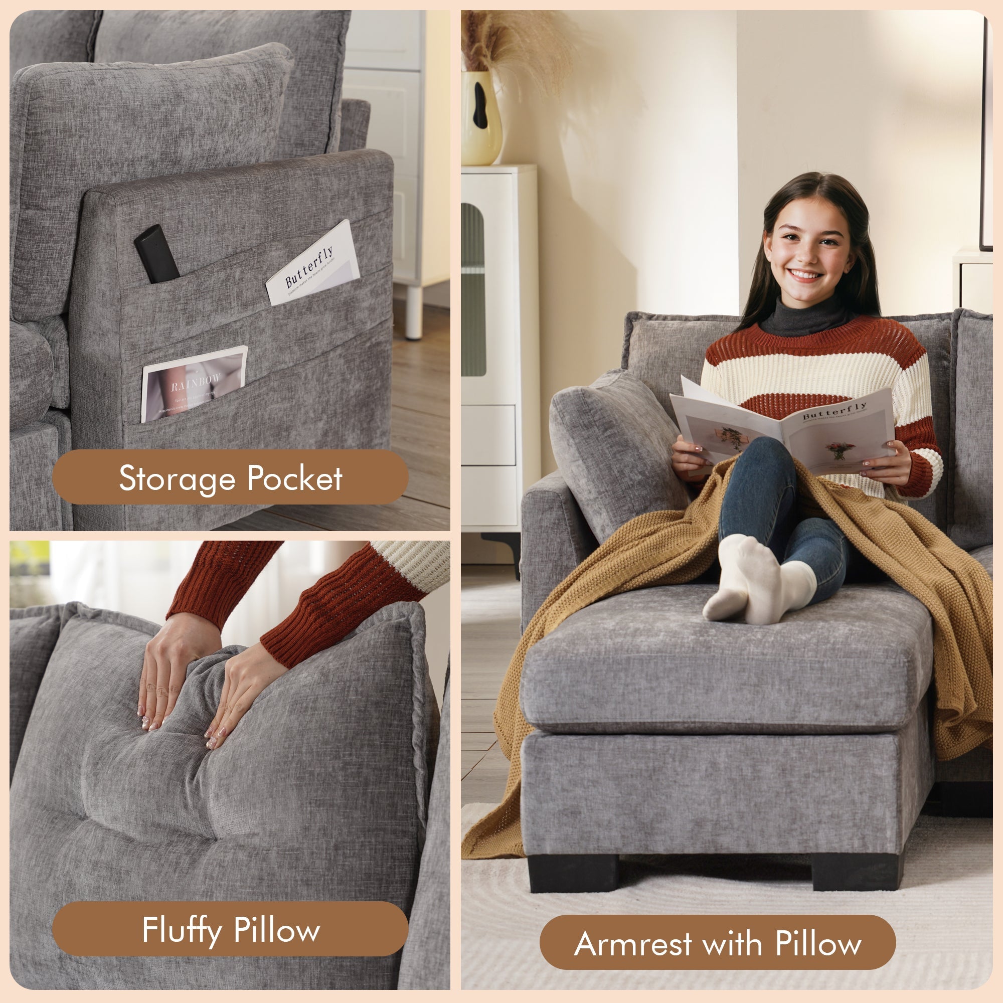 OVIOS 112" Cloud U Shaped Couch, Modular Sectional Comfy Couch Set with Movable Ottoman, Modern 4 Seater Couches with Chaise, Comfortable Furniture for Apartment Living Room