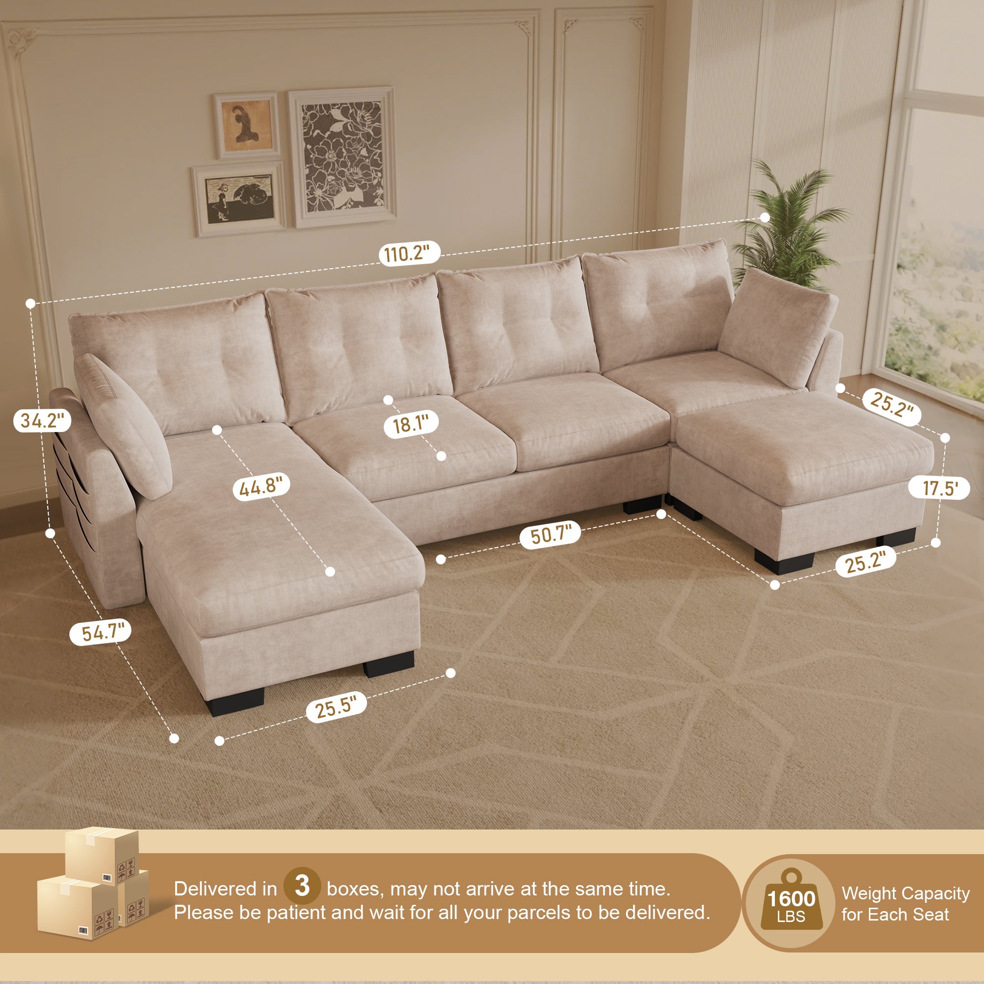 OVIOS 112" Cloud U Shaped Couch, Modular Sectional Comfy Couch Set with Movable Ottoman, Modern 4 Seater Couches with Chaise, Comfortable Furniture for Apartment Living Room